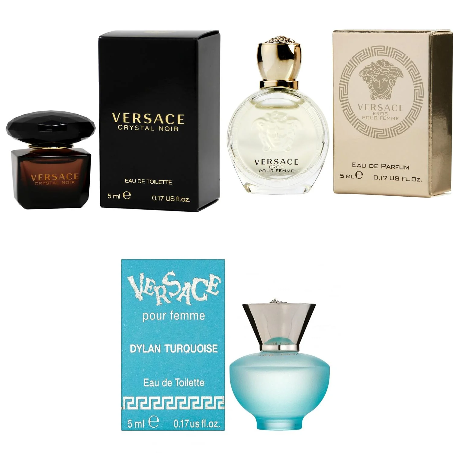Versace Crystal Noir EDT, Eros Women EDP, Dylan Turquoise Femme - 5ml 3PK Kit
