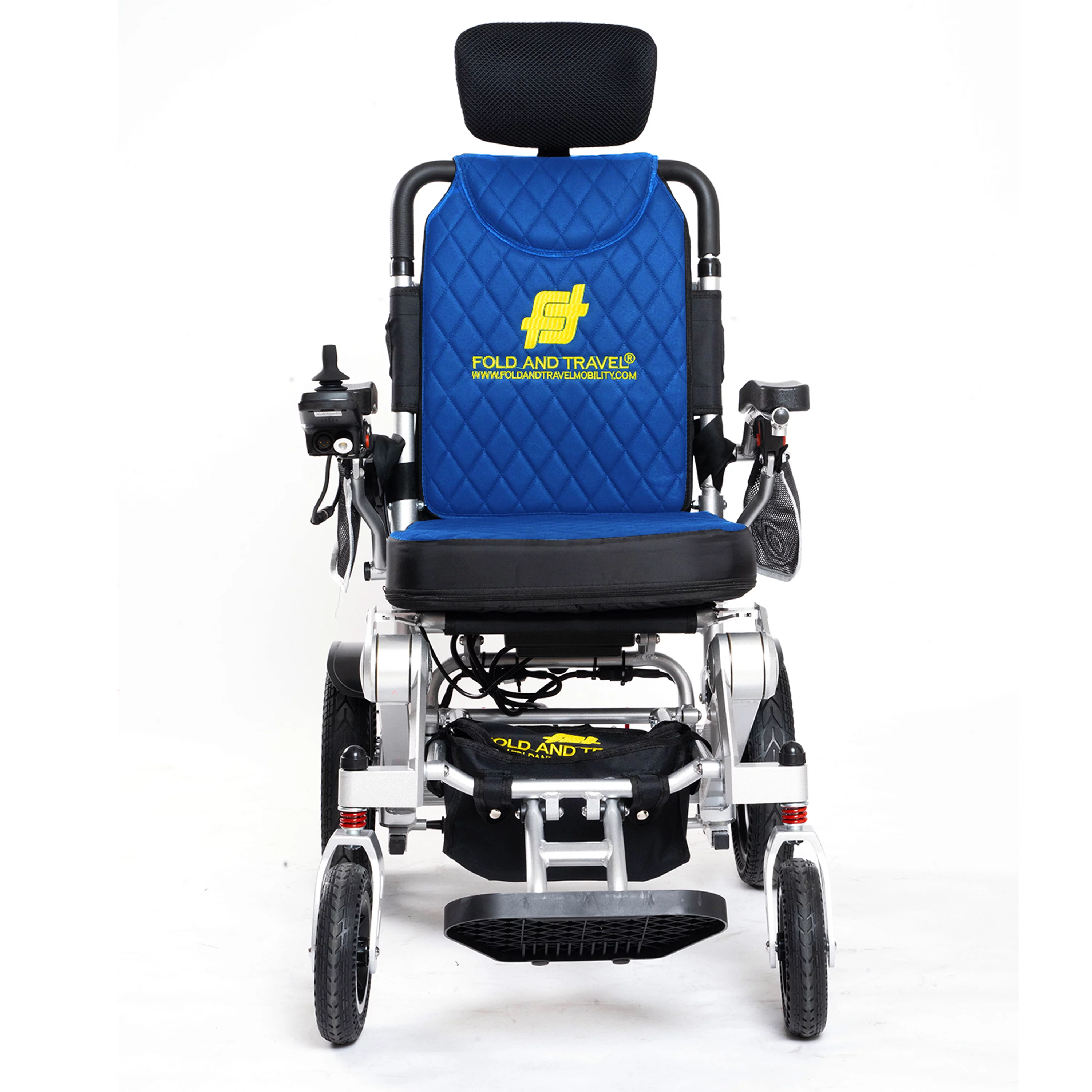 Fold And Travel Auto Recline Lightweight Foldable Electric Power Portable Wheelchair - Blue Seat, Silver Frame with 2 Batteries