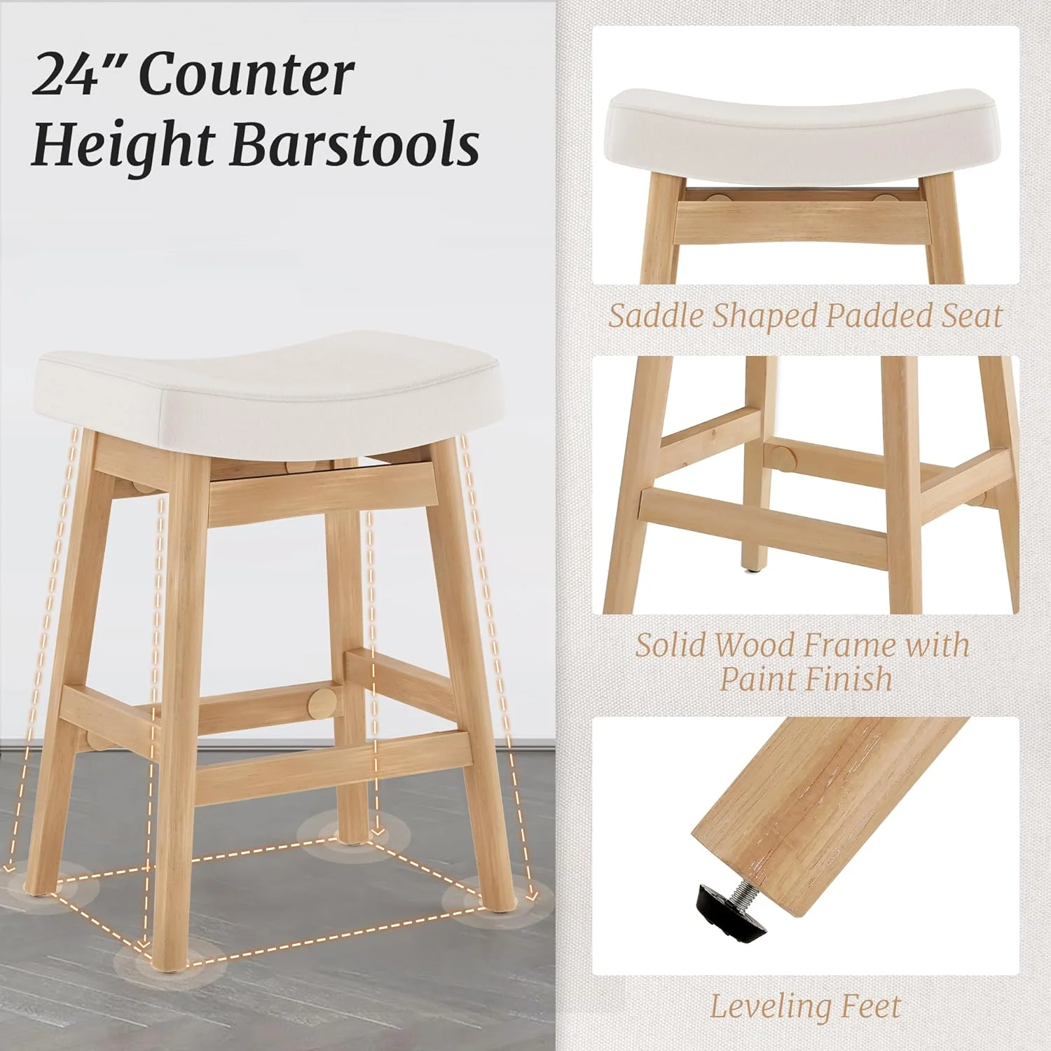 Dycanpo Bar Stools Set of 4, Barstools with Sturdy Wood Legs, Saddle Seat Counter Height Bar Stools for Kitchen Counter, Bar, Dining, 24 Inch Farmhouse Counter Stools, Beige