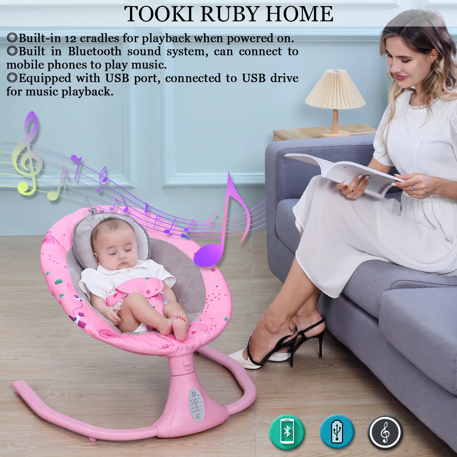 Baby Swing for Infants Bluetooth Swing with Music Speaker,3 Height Adjustments,12 Lullabies and 4 Speeds,Remote Control,Pink