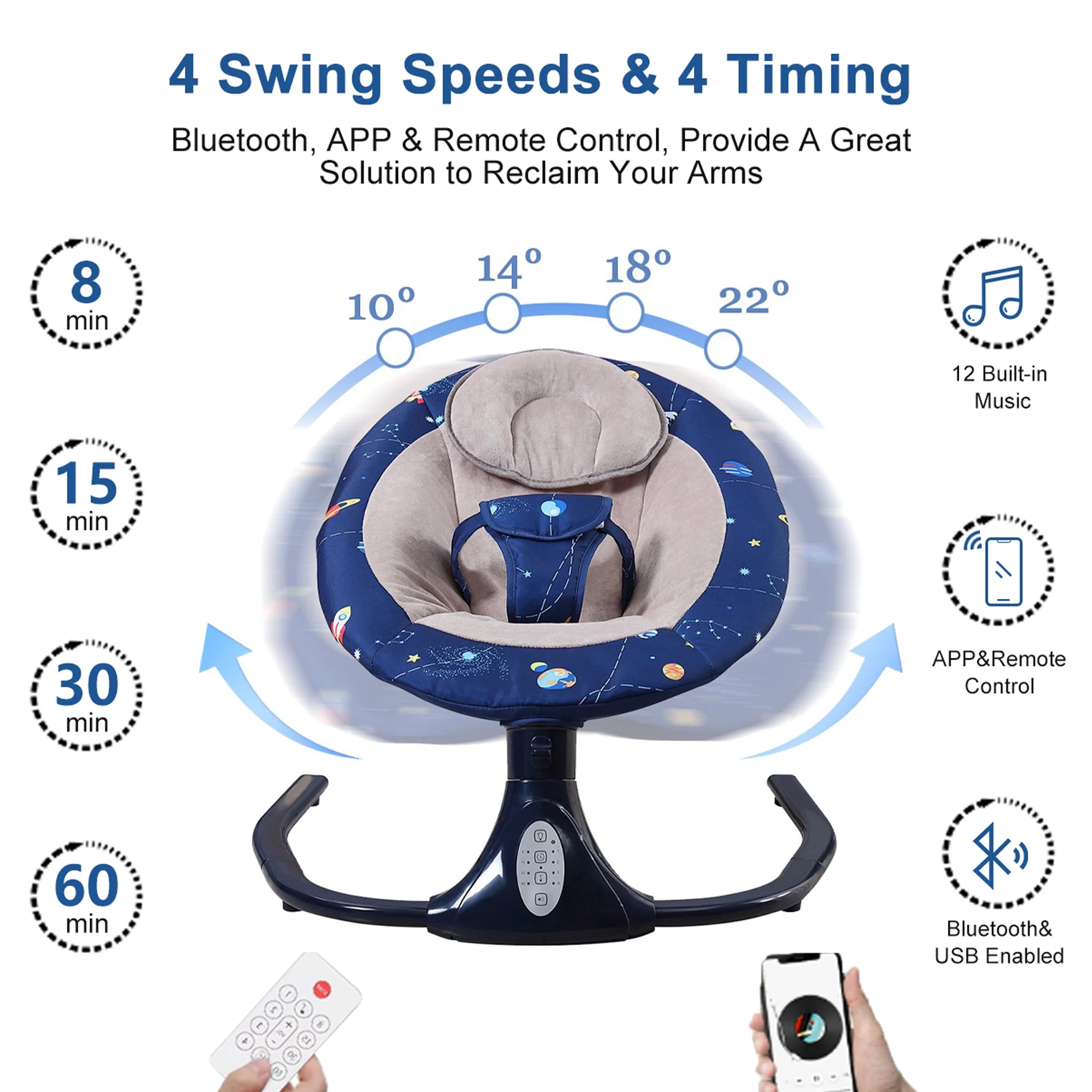 MONEHANE Baby Swing for Infants - Motorized, Bluetooth Speaker, Remote Control, Blue