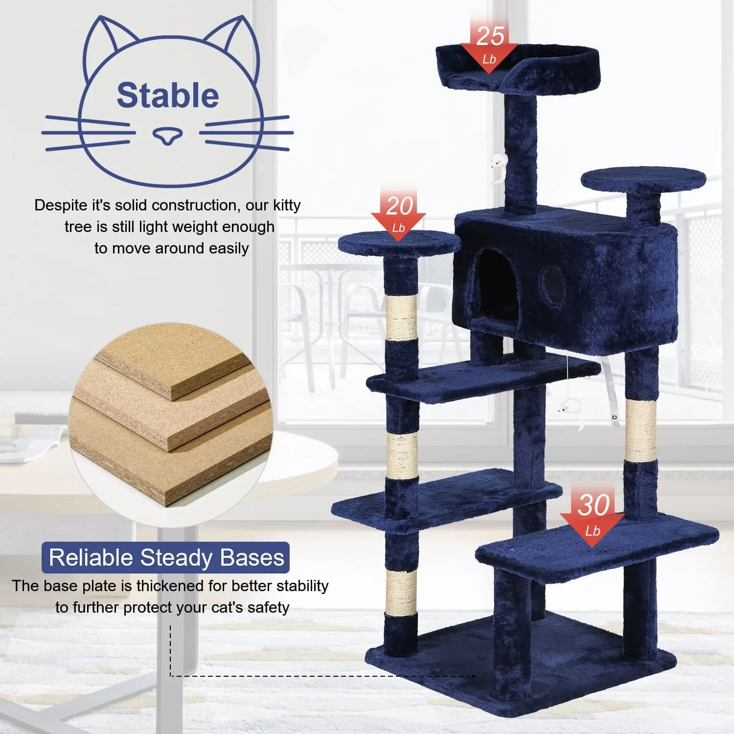 Dkelincs 54 inch Cat Tree with Cat Scratching Posts, Multi-Level Cat Condo Tower Play House, Navy Blue