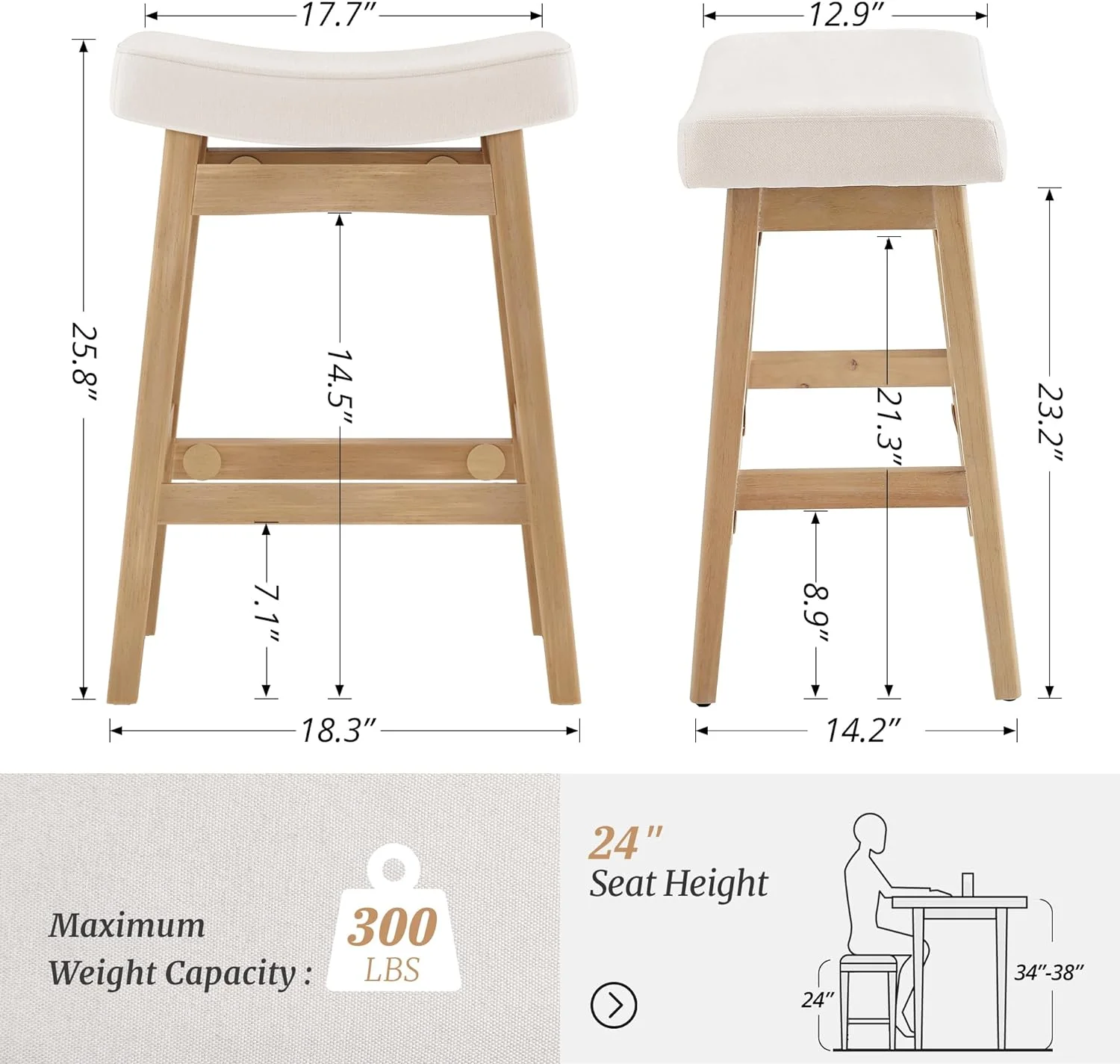 Dycanpo Bar Stools Set of 4, Barstools with Sturdy Wood Legs, Saddle Seat Counter Height Bar Stools for Kitchen Counter, Bar, Dining, 24 Inch Farmhouse Counter Stools, Beige