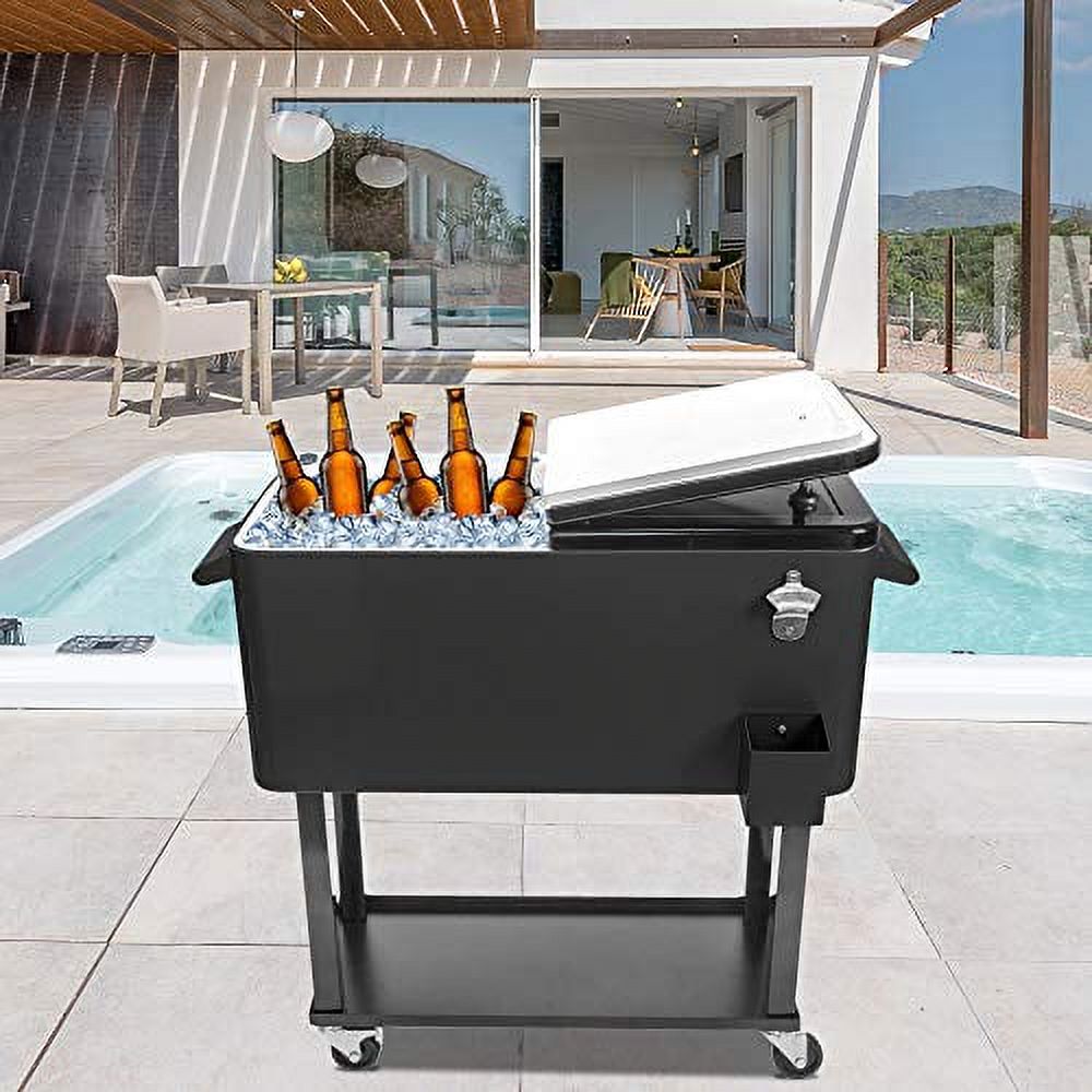 XINGJUCHEN 80 Quart Rolling Cooling Bins Ice Chest on Wheels - Outdoor Stand Up Drink Cooler Cart with Bottle Opener Drainage, Perfect for Backyard Patio Deck Parties and Entertaining Guests (Black)