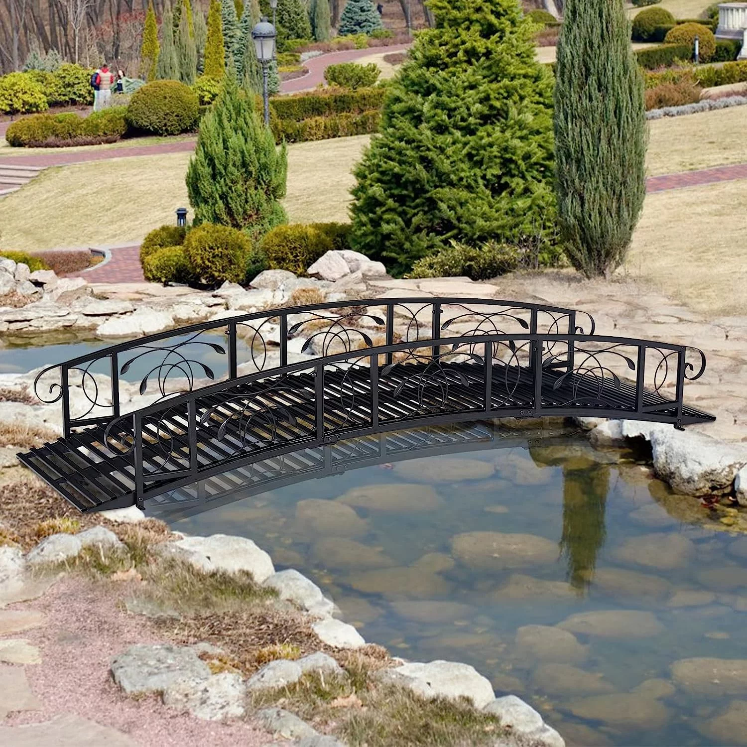 Kinbor 8ft Outdoor Metal Garden Bridge, Garden Arch Footbridge with 2 Safety Patterned Siderails, Black