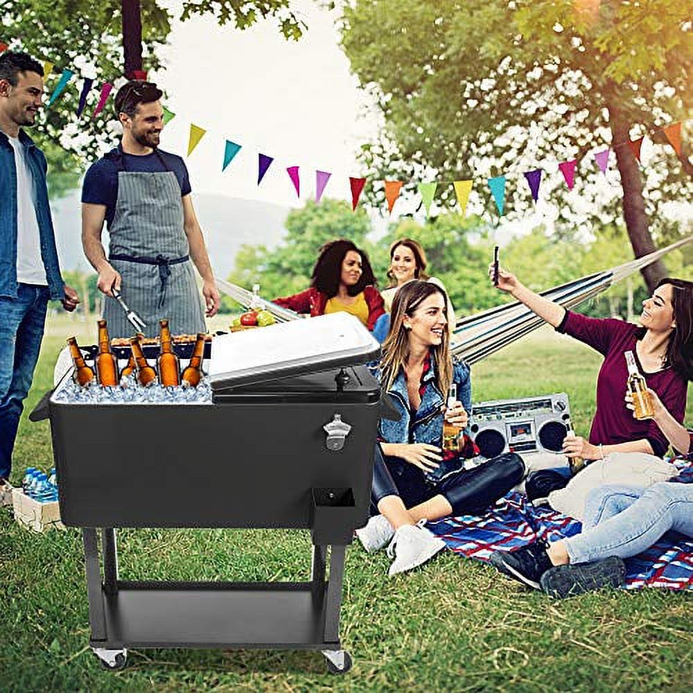 XINGJUCHEN 80 Quart Rolling Cooling Bins Ice Chest on Wheels - Outdoor Stand Up Drink Cooler Cart with Bottle Opener Drainage, Perfect for Backyard Patio Deck Parties and Entertaining Guests (Black)