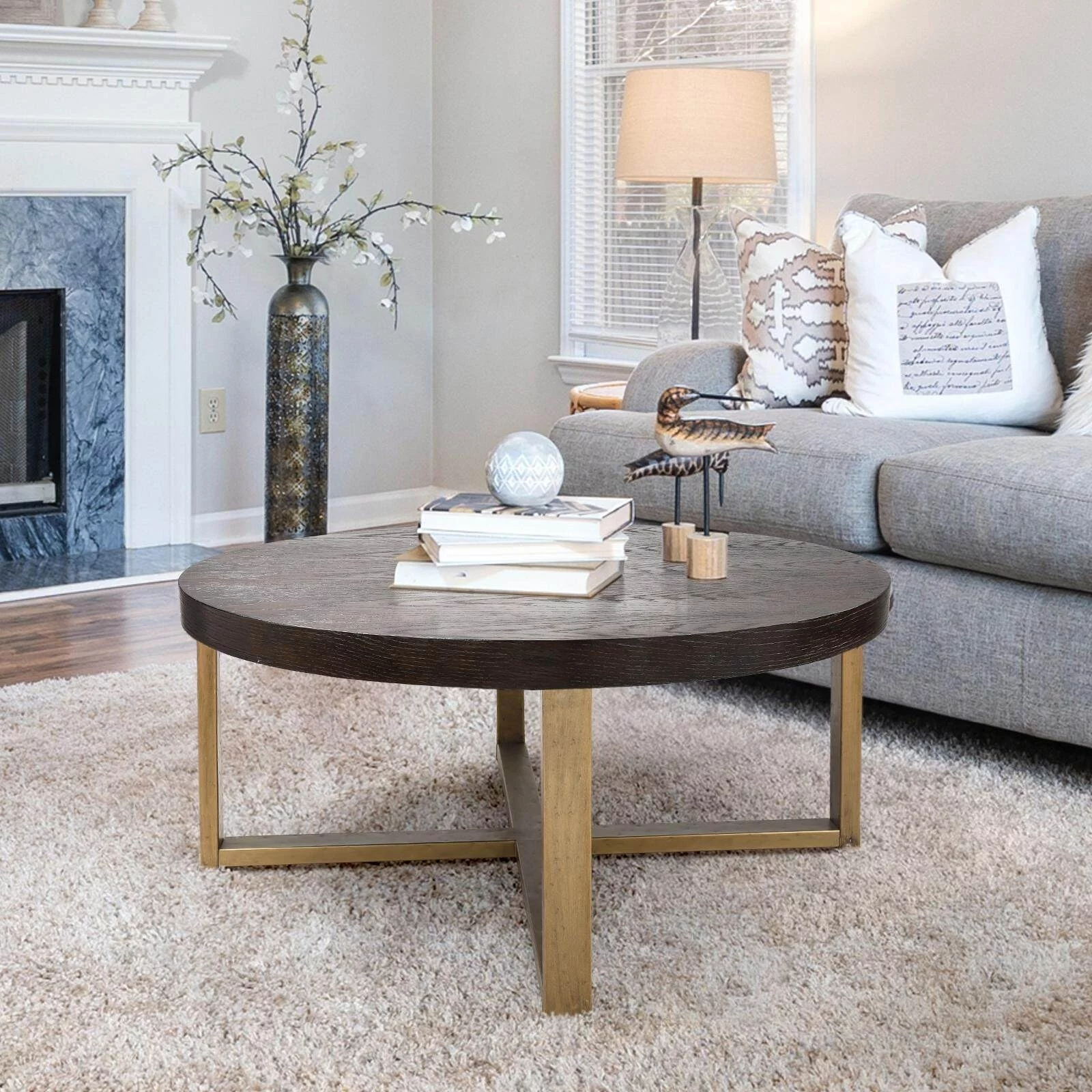 36 inch Rustic Round Wood Coffee Table Hammered Cross Legs Gold Finish Metal for Living Room - D36'' X H16''