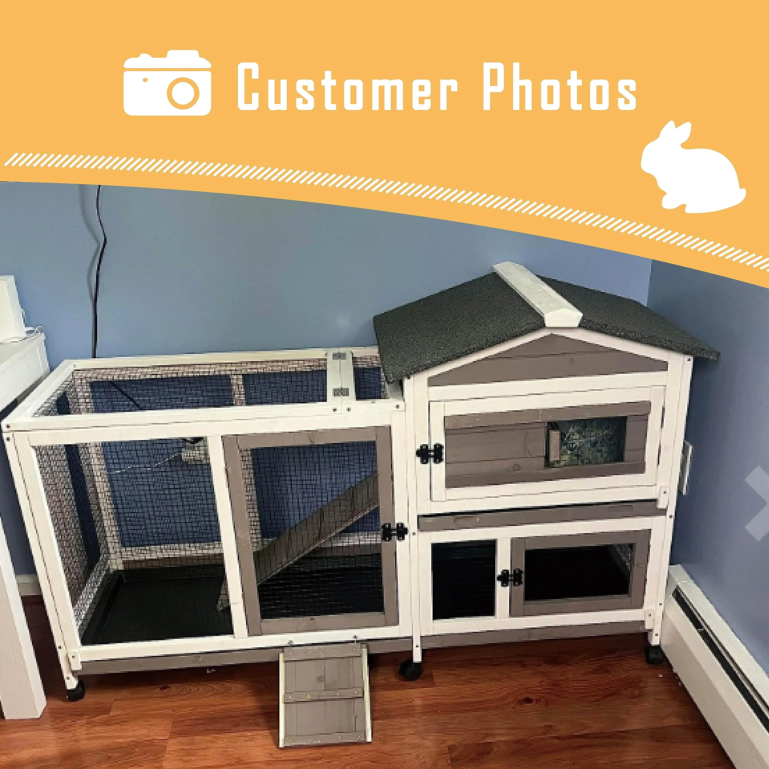 Petscosset Rabbit Hutch Indoor - Bunny Hutch Indoor Upgrade Greywhite Rabbit Cage Wooden Rabbit House with Wheels, Ramp, Openable Roof for Rabbits Guinea Pig Hamster Ferret