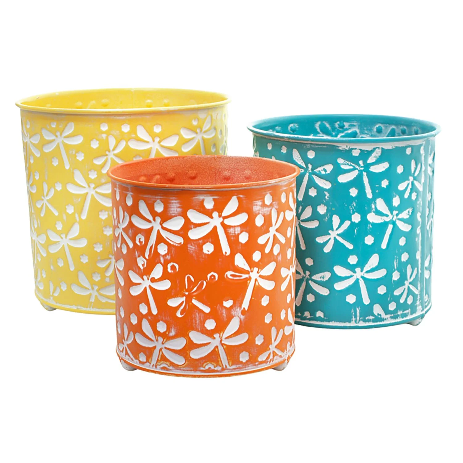 Contemporary Home Living Set of 3 Vibrant colored Dragonfly She Shed Metal Pot Planters 7.5