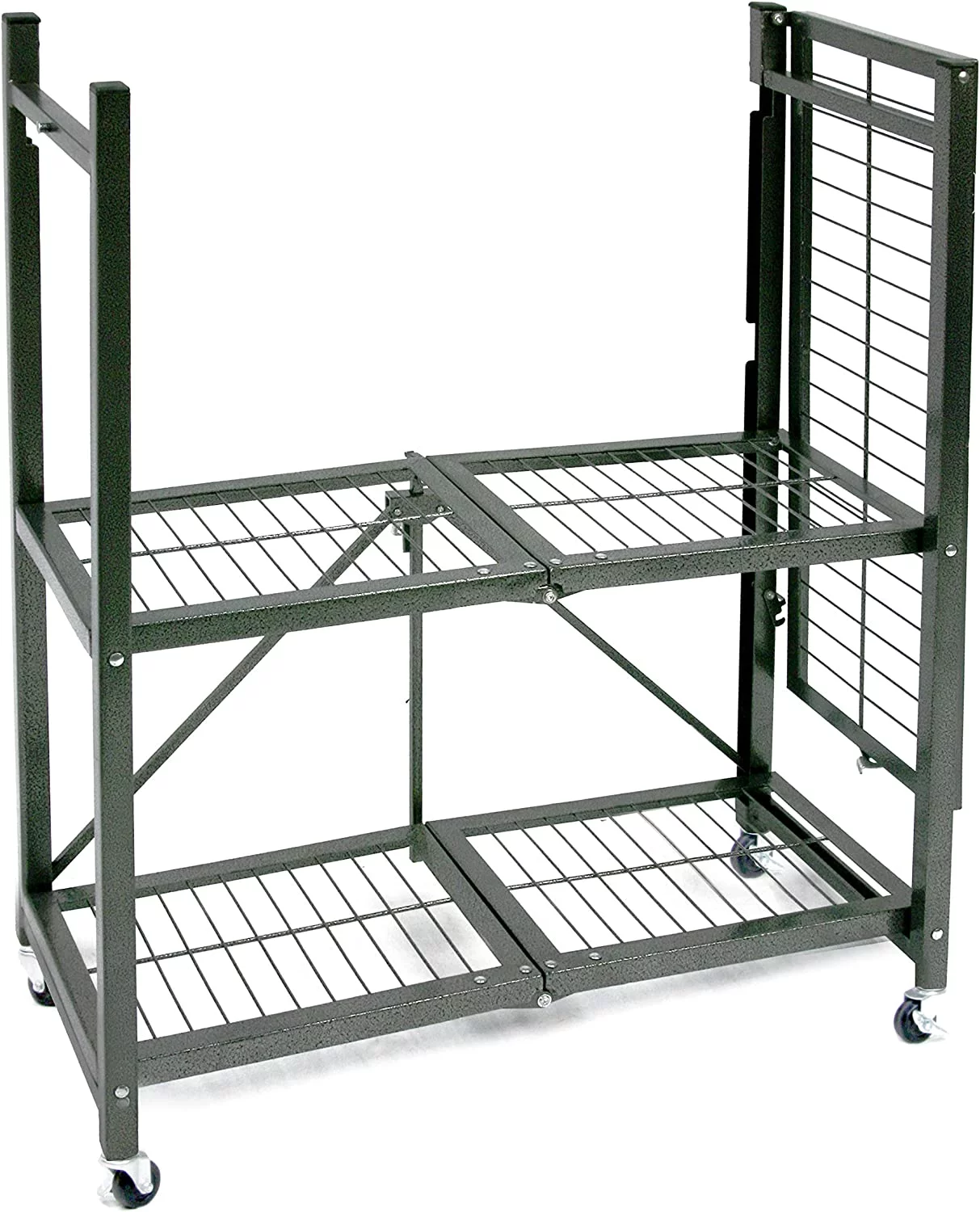 AUCHI Heavy Duty Foldable 3 Tier Metal Shelf Wire Rack Storage Unit Organizer with 3 Inches Wheels for Garage, Basement, or Laundry Room, Pewter.
