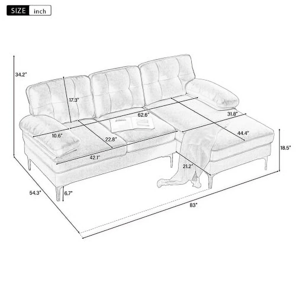 JHOOTUUO 83” Modern Sectional Sofas Couches Velvet L Shaped Couches for Living Room Bedroom Light Grey