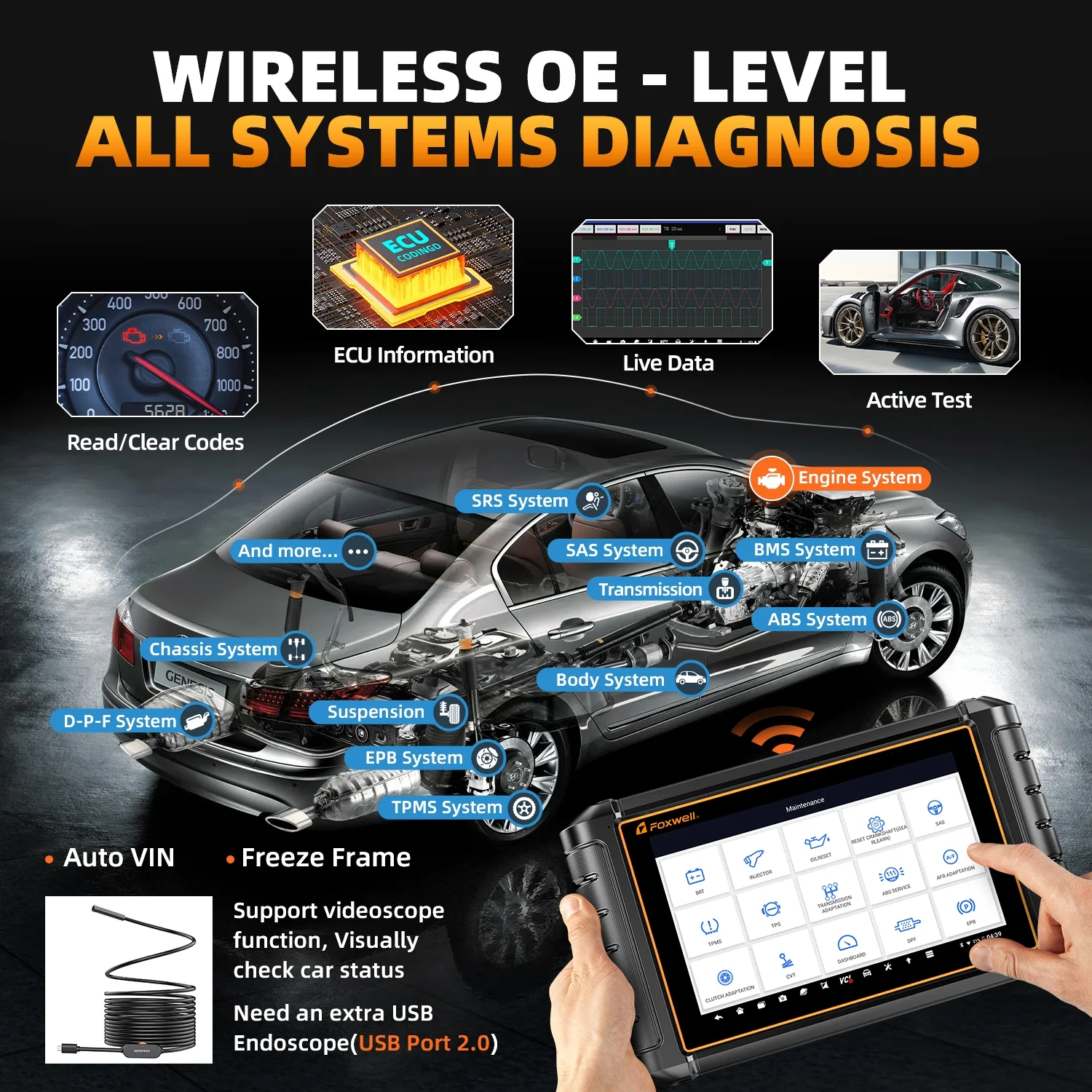 Foxwell NT909 Automotive Bi-Directional Diagnostic Scan Tool All Systems OBD2 Scanner ECU Coding Active Test 30+ Reset Services Car Code Reader Scanning Tablet Car Doctor EOBD OBDII Auto Live Data