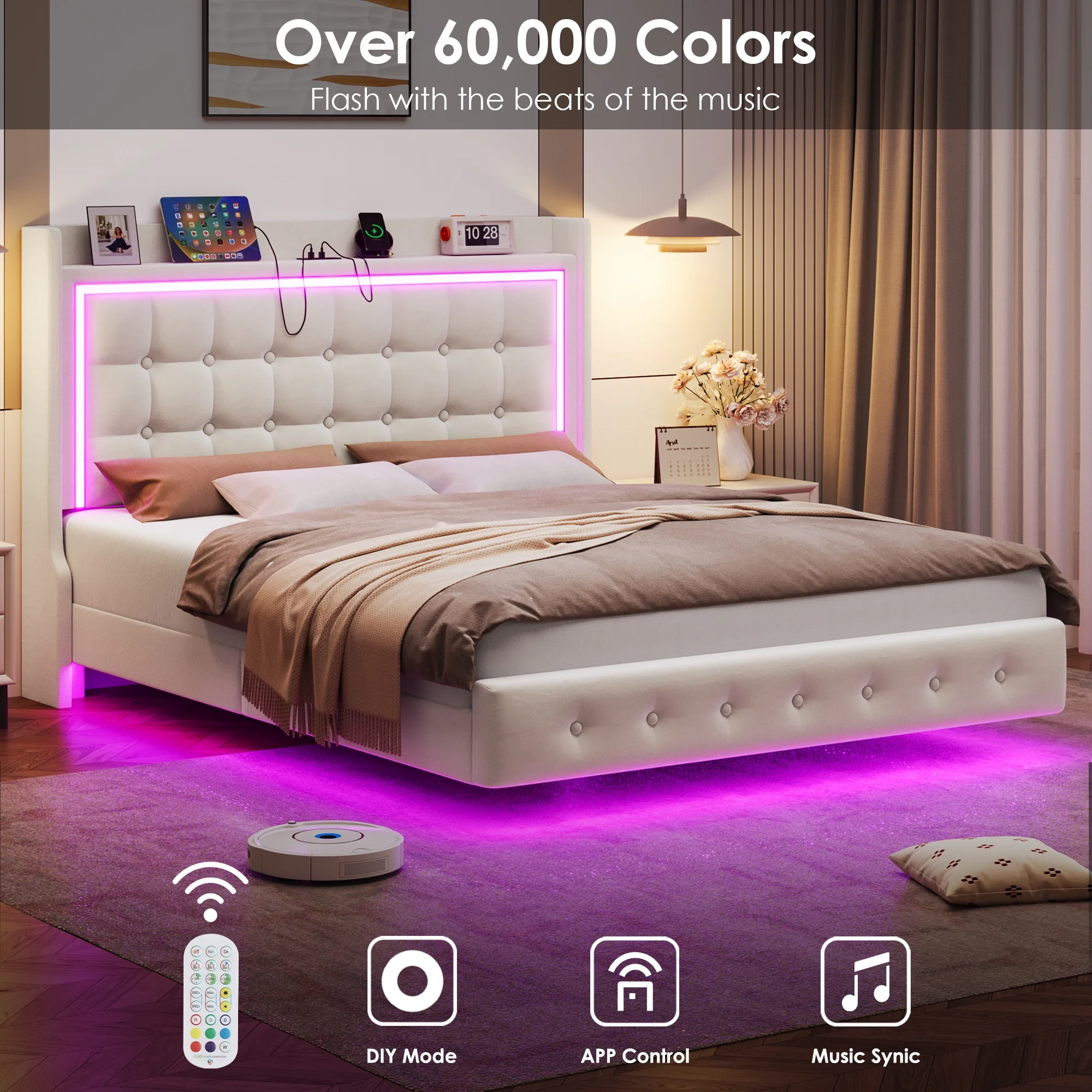 Homfa Full Size Floating Bed with LED Lights & Charging Station, Modern Velvet Upholstered Platform Bed Frame Bed with Storage Headboard, Off-white