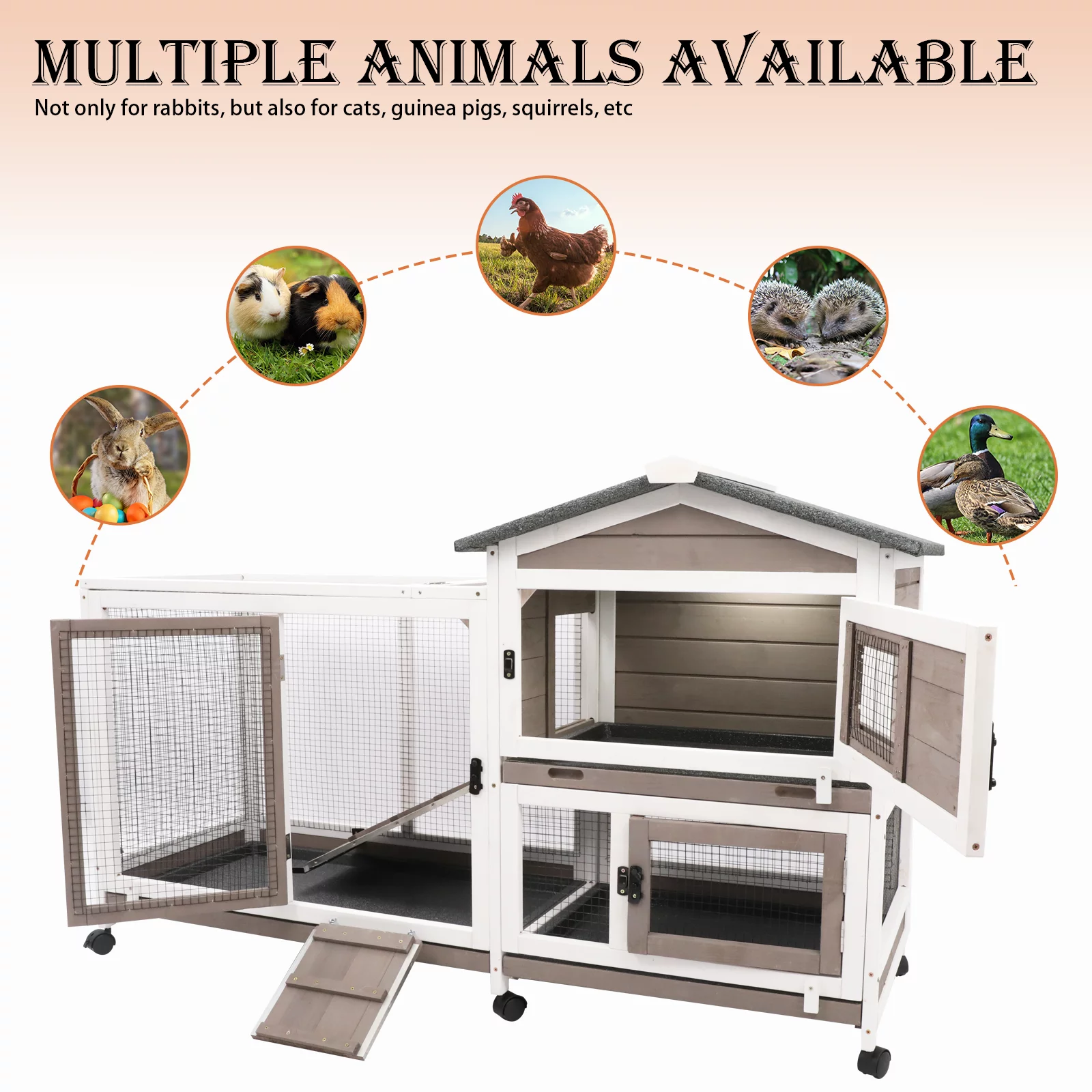 Petscosset Rabbit Hutch Indoor - Bunny Hutch Indoor Upgrade Greywhite Rabbit Cage Wooden Rabbit House with Wheels, Ramp, Openable Roof for Rabbits Guinea Pig Hamster Ferret