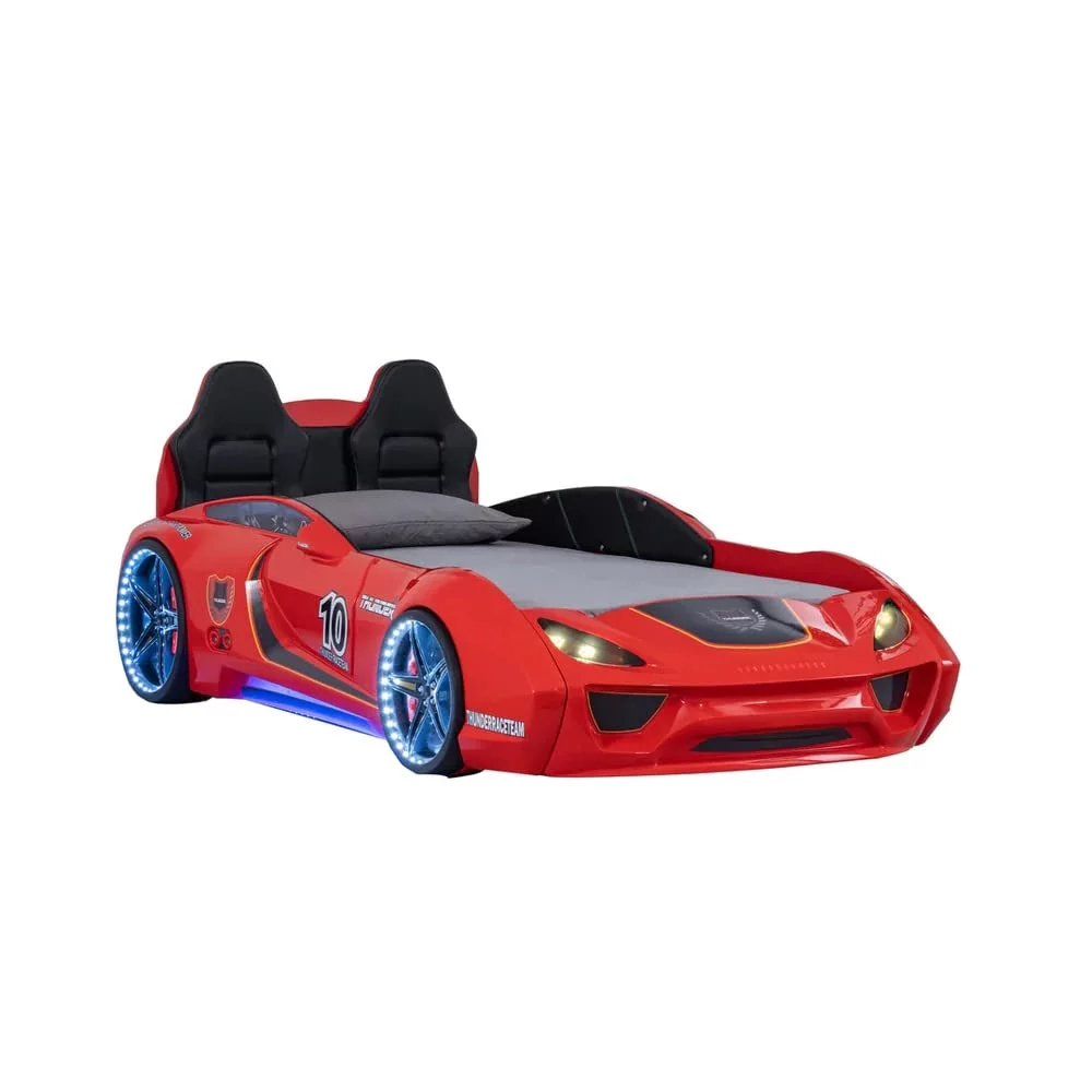 STAFFORA Kid Furniture, Race Car Twin Size Bed Frame with Wheel LED Lights, Car Beds for Kids and Toddlers (Red)