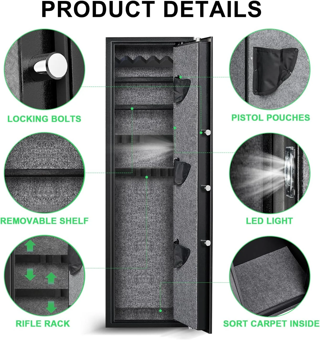 U-SHARE Gun Safe, Quick Access 5 Biometric Fingerprint Gun Cabinets, Gun Safe for Home Rifle and Pistols with Silent Mode, Rifle Gun Safe with 2 Adjustable Shelves and 3 Adjustable Gun Slots