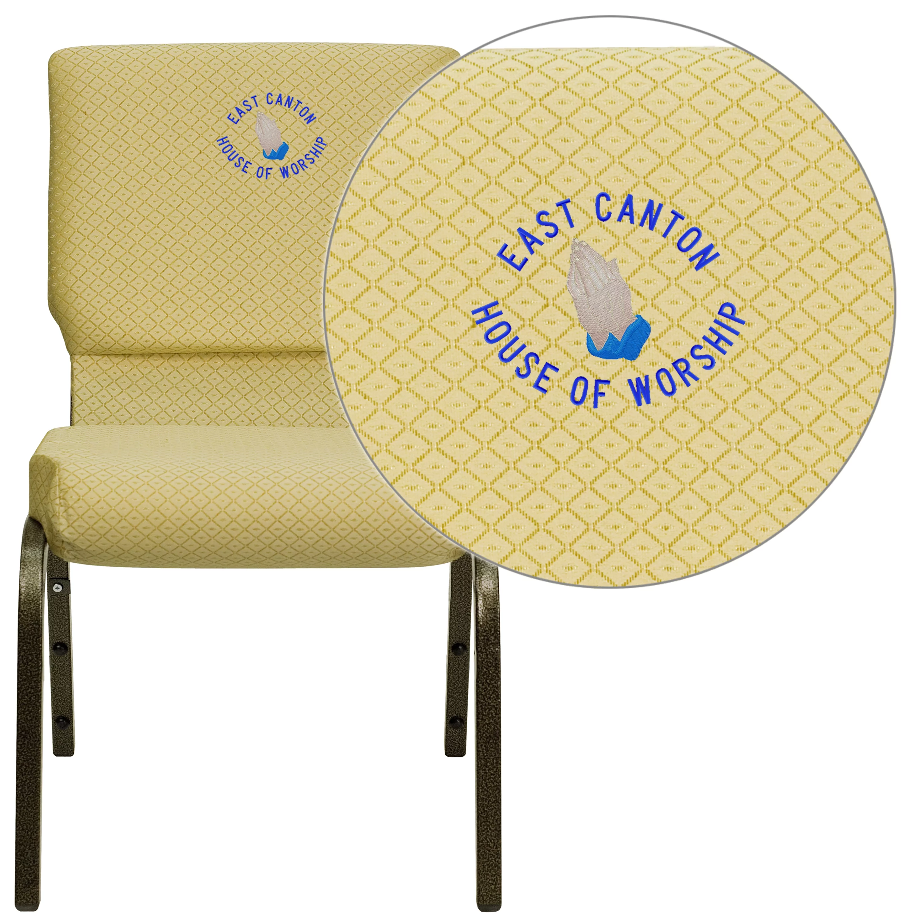 Flash Furniture Embroidered 18.5''W Stacking Church Chair in Beige Patterned Fabric - Gold Vein Frame
