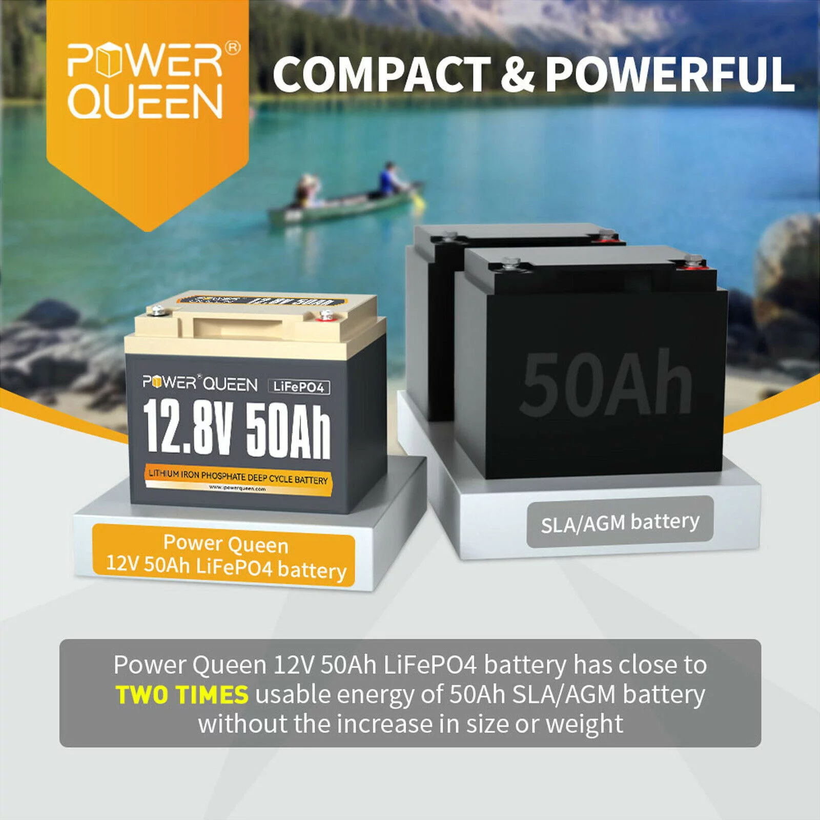 Power Queen 12V 50Ah LiFePO4 Lithium Battery Deep Cycle 640Wh BMS for Off-Grid System