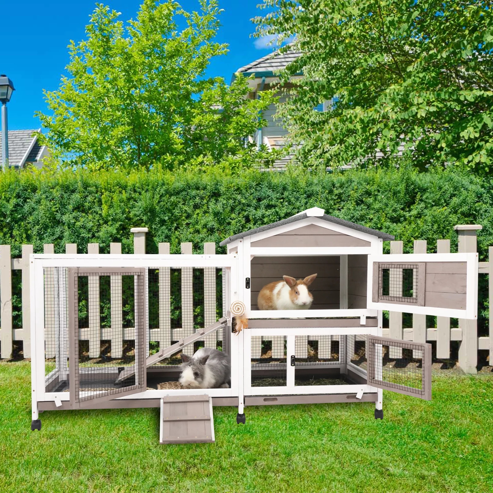 Petscosset Rabbit Hutch Indoor - Bunny Hutch Indoor Upgrade Greywhite Rabbit Cage Wooden Rabbit House with Wheels, Ramp, Openable Roof for Rabbits Guinea Pig Hamster Ferret