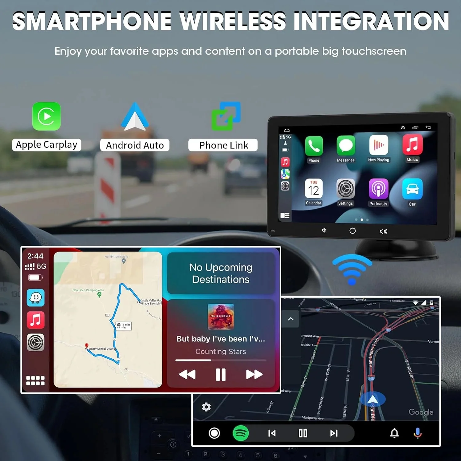 Wireless CarPlay Android Auto Screen - Portable Dash Mount Bluetooth Car Stereo, 7-inch