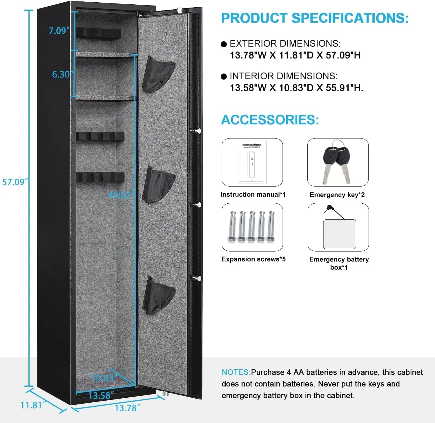 U-SHARE Gun Safe, Quick Access 5 Biometric Fingerprint Gun Cabinets, Gun Safe for Home Rifle and Pistols with Silent Mode, Rifle Gun Safe with 2 Adjustable Shelves and 3 Adjustable Gun Slots