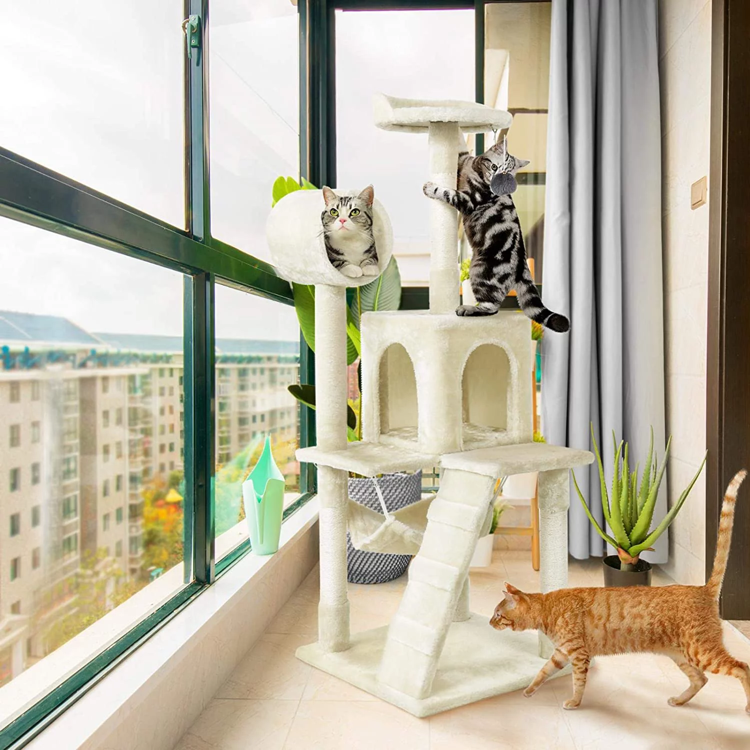 Yaheetech 51'' Cat House Condo and Cat Tower with Hammock Tunnel for Cats and Kittens, Beige