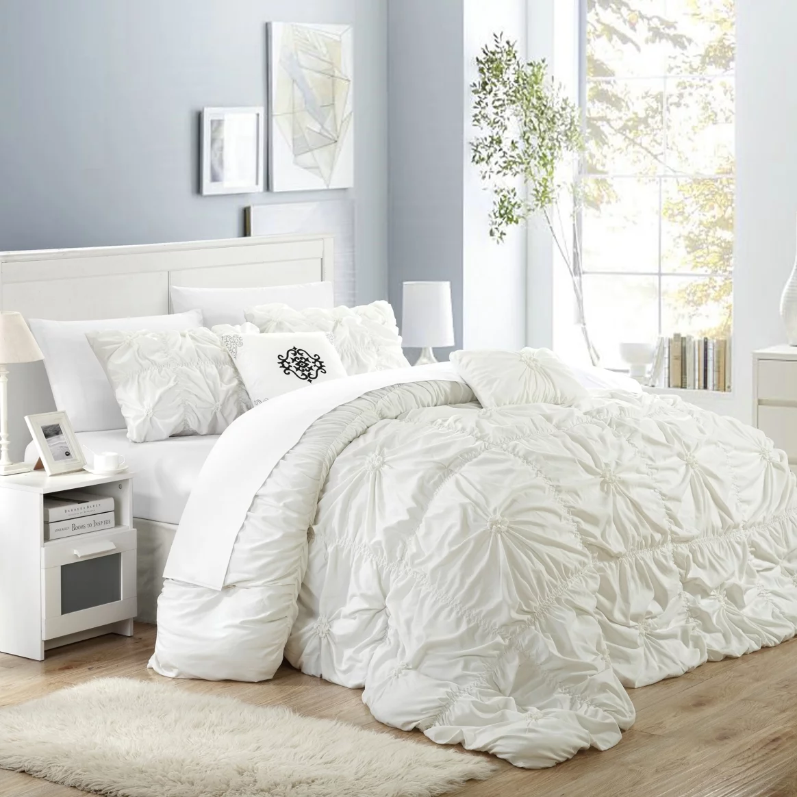 Hilton 10 Piece Comforter Set Floral Pinch Pleated Ruffled Designer Embellished Bed in a Bag Bedding