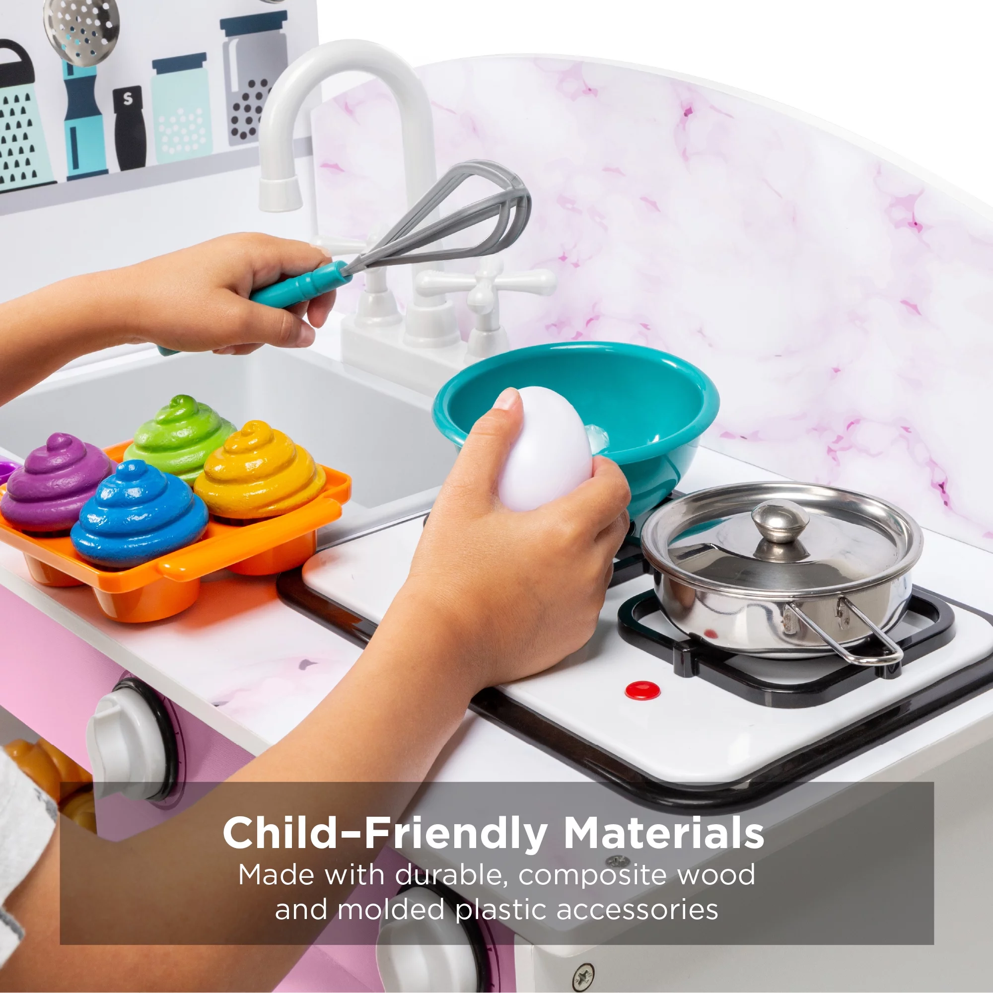 Best Choice Products Wooden Pretend Play Kitchen Toy Set for Kids w/ Chalkboard, Marble Backdrop, 7 Accessories - Pink