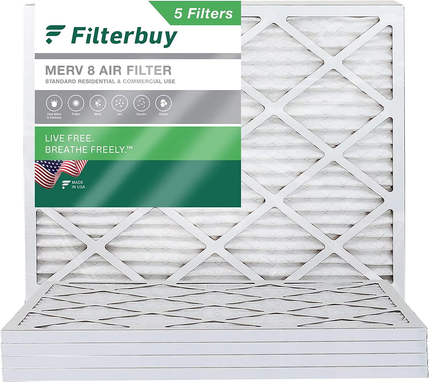 Filterbuy 16x21.5x1 MERV 8 Pleated HVAC AC Furnace Air Filters (5-Pack)