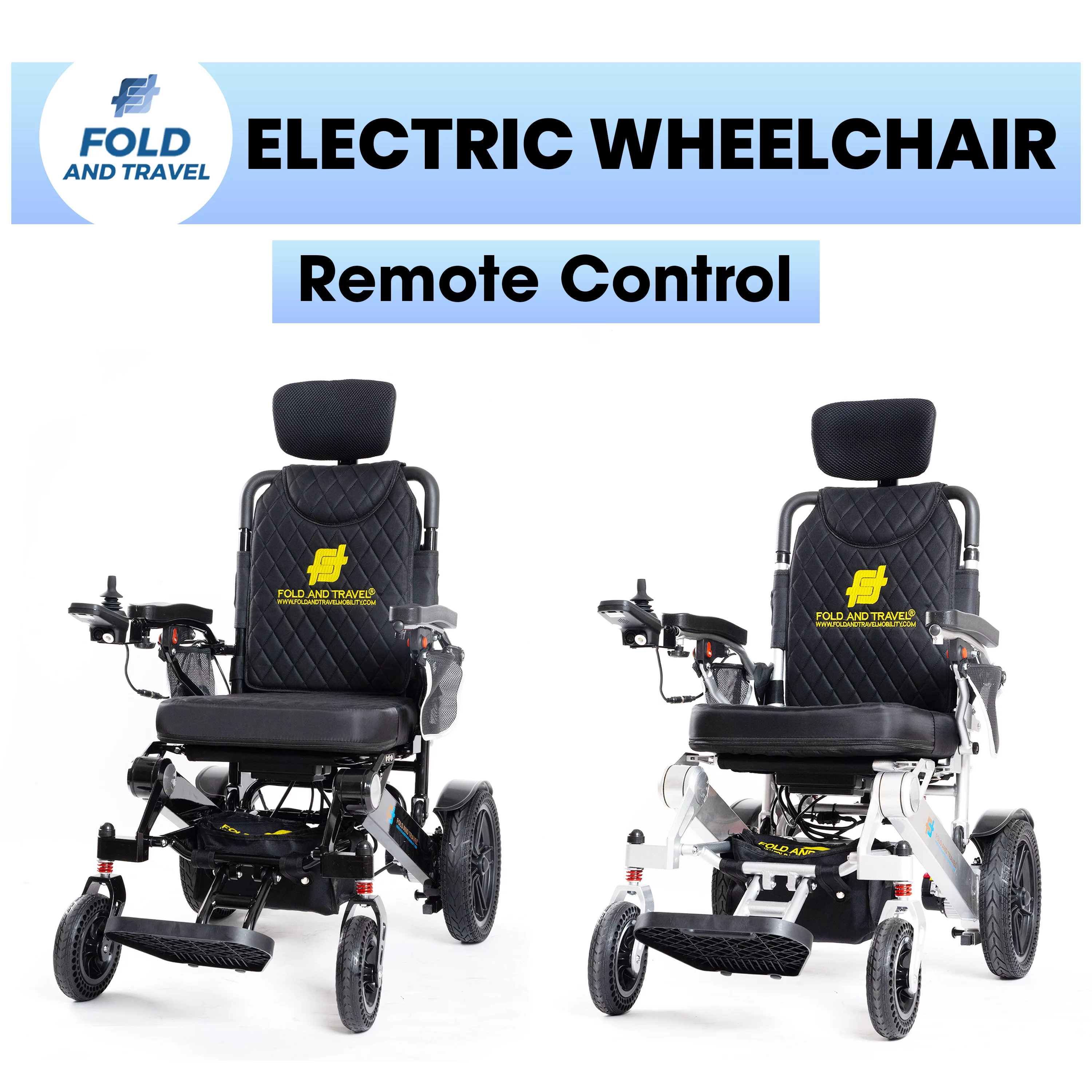 Fold And Travel Auto Recline Lightweight Foldable Electric Power Portable Wheelchair - Blue Seat, Silver Frame with 2 Batteries