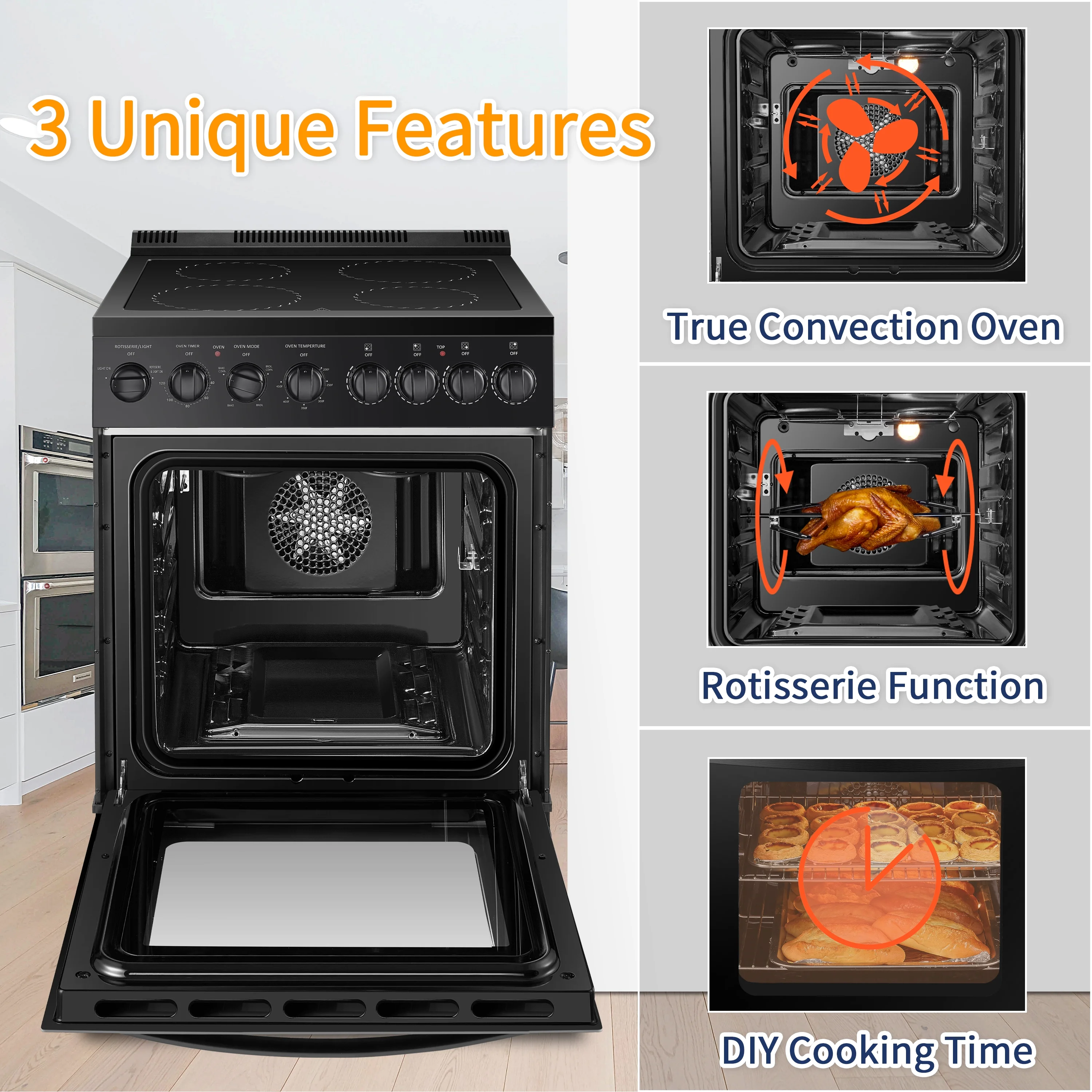 Lanbo 24 inch 2.9 Cu.ft Freestanding Electric Range with Rotisserie and Convection Oven
