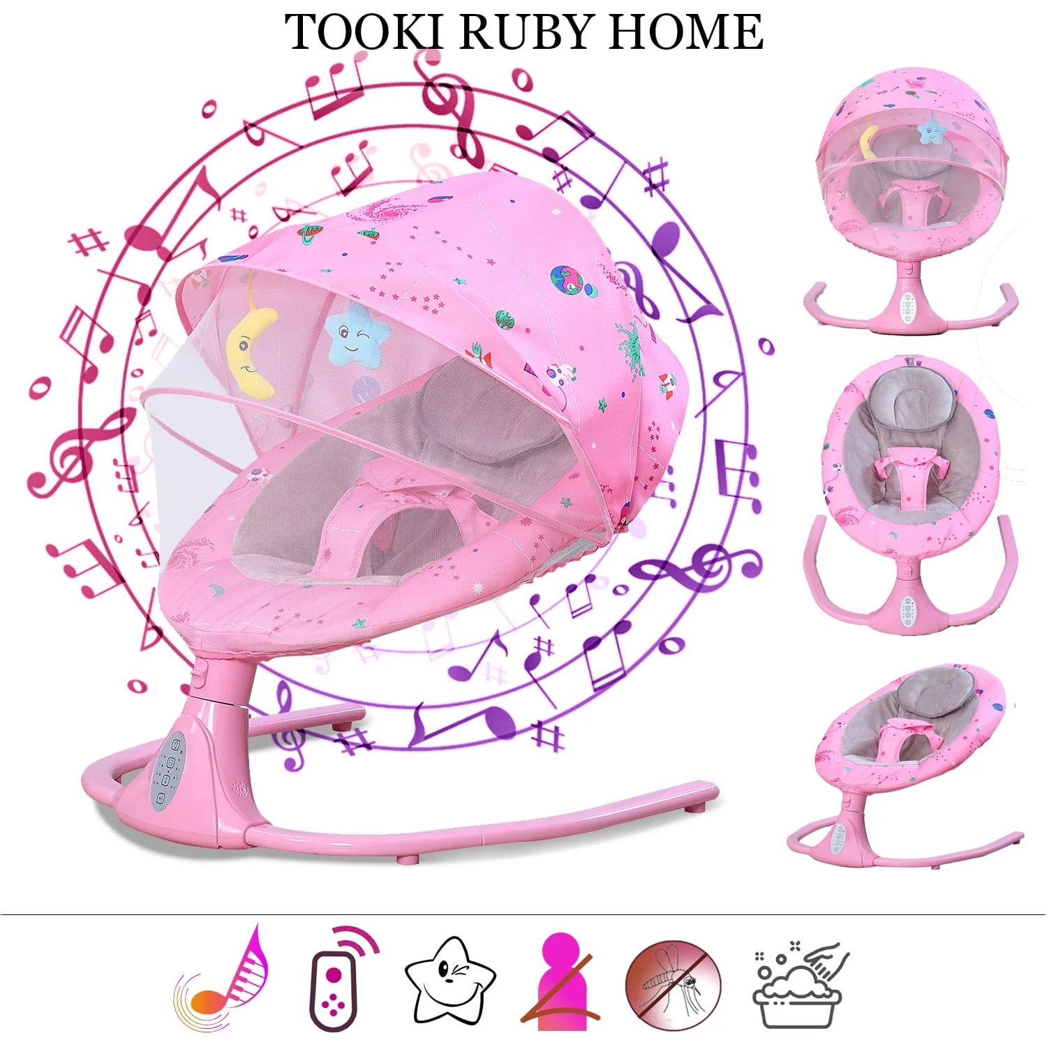 Baby Swing for Infants Bluetooth Swing with Music Speaker,3 Height Adjustments,12 Lullabies and 4 Speeds,Remote Control,Pink