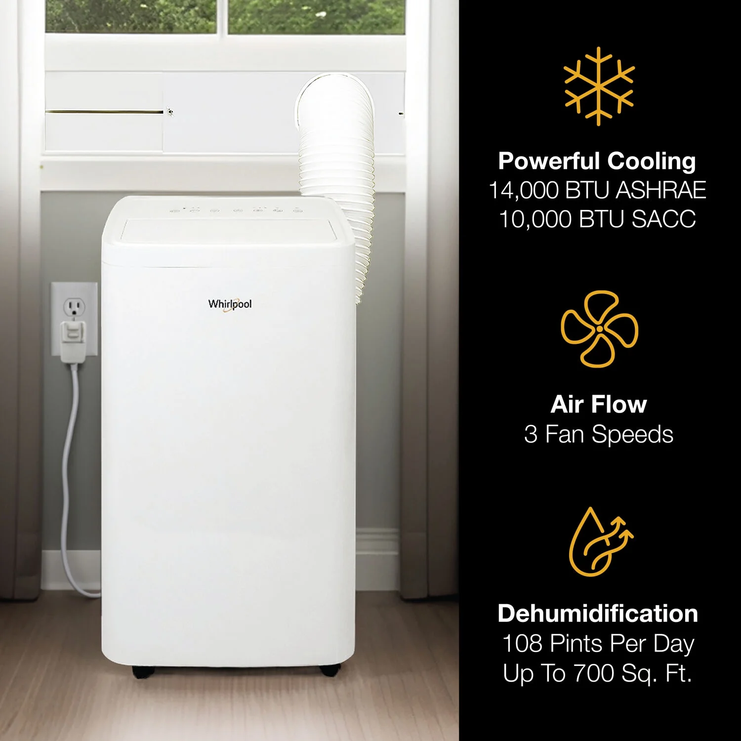 Whirlpool 10,000 BTU (14,000 BTU ASHRAE) Portable Air Conditioner with Remote, 700 Sq ft, WHNP141AW