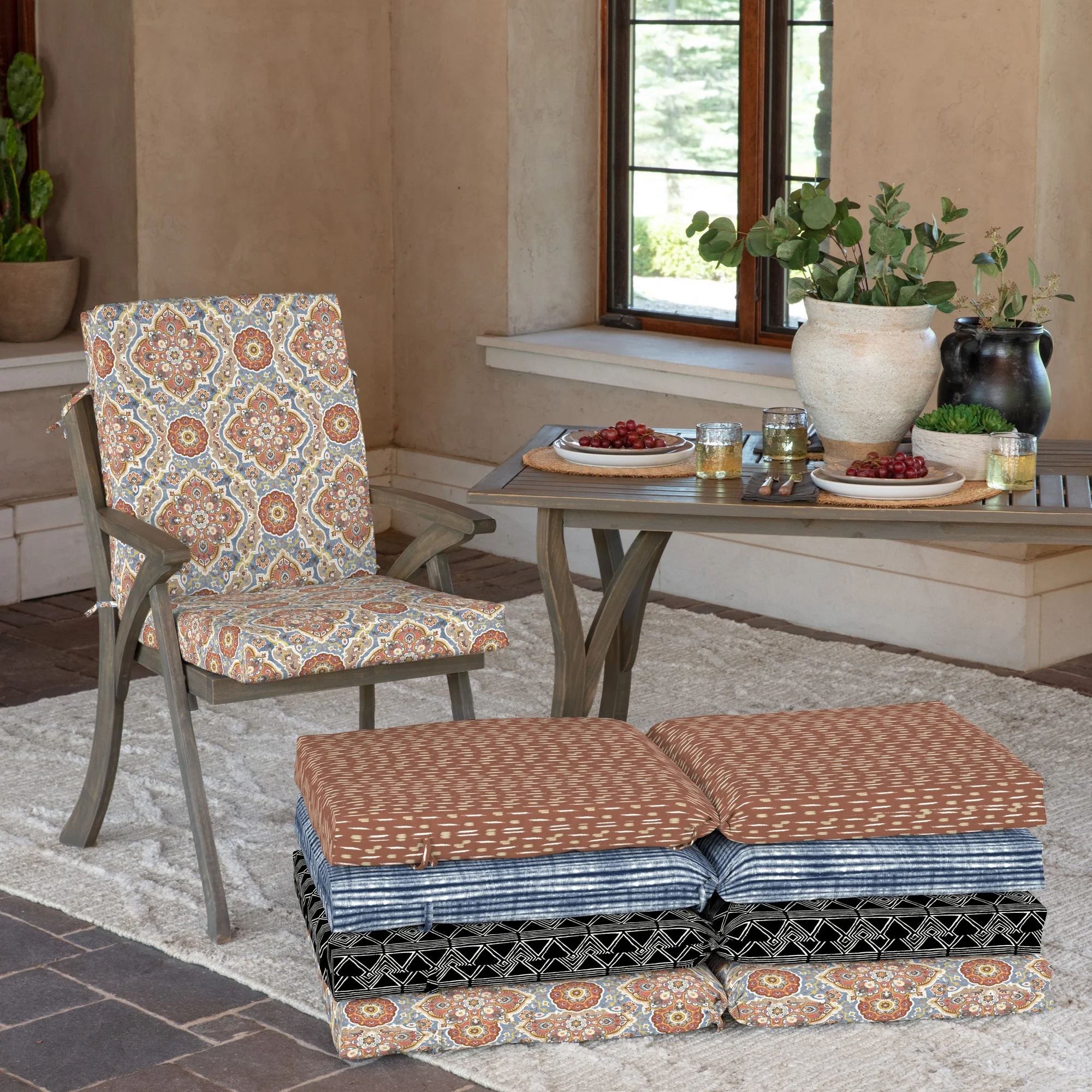 Arden Selections 20 x 20 Outdoor Dining Chair Cushion Global Vintage Medallion 2 Count