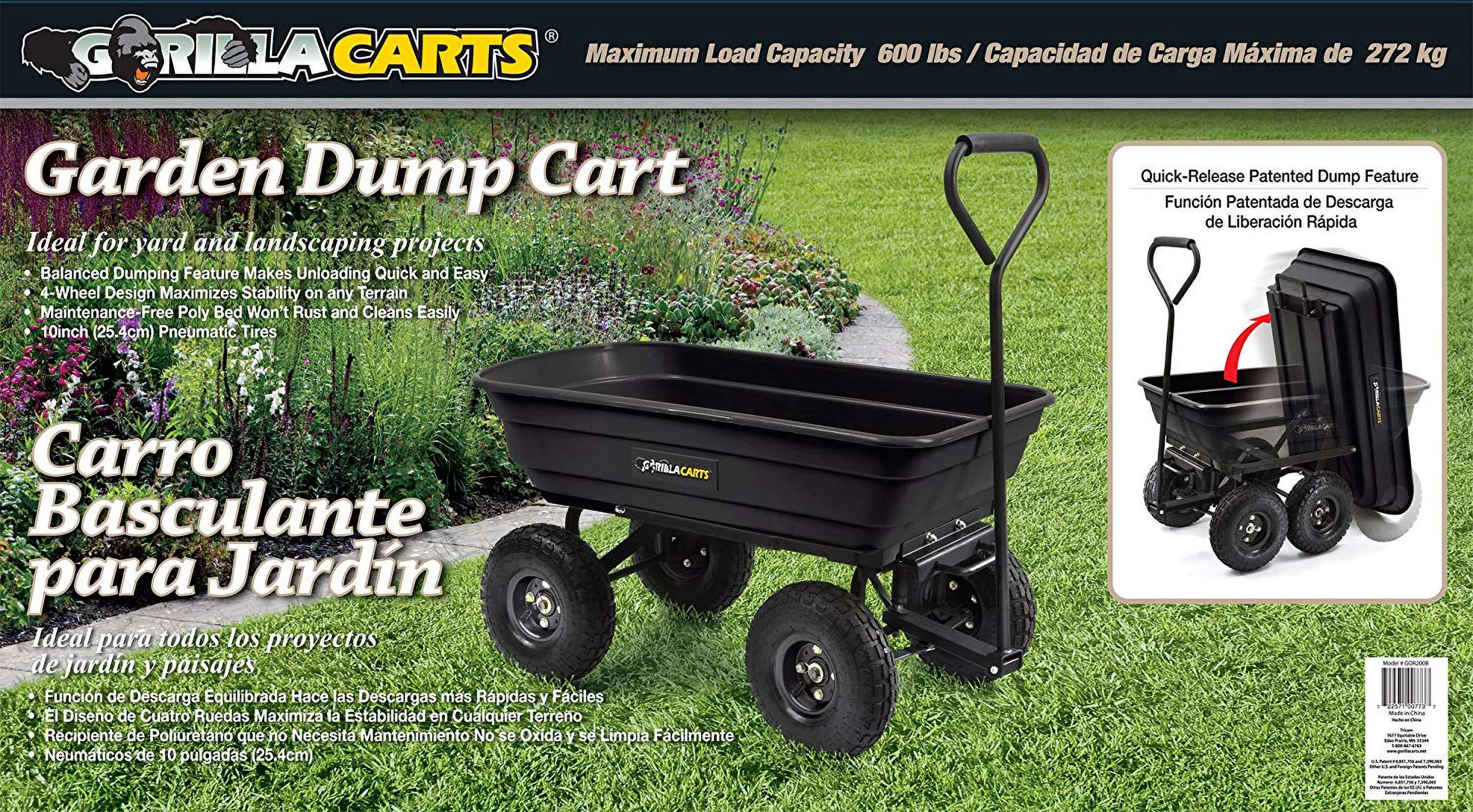 Gorilla Carts GOR200B Poly Garden Dump Cart with Steel Frame and 10-Inch Pneumatic Tires, 600-Pound Capacity, 36-Inch by 20-Inch Bed, Black Finish