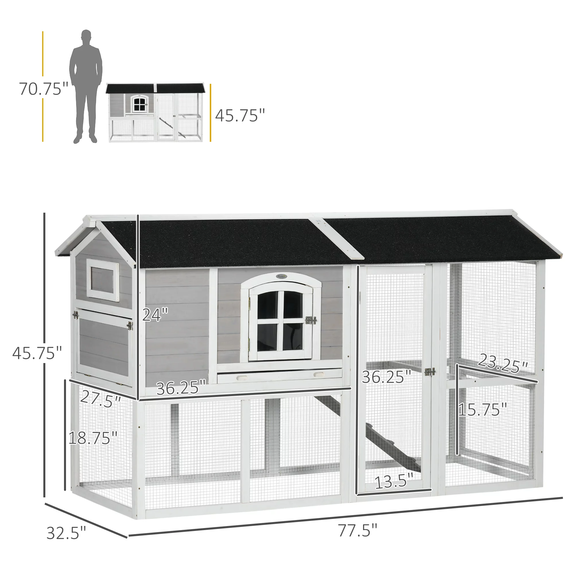 PawHut Wooden Chicken Coop with Run, Tray, 77.5