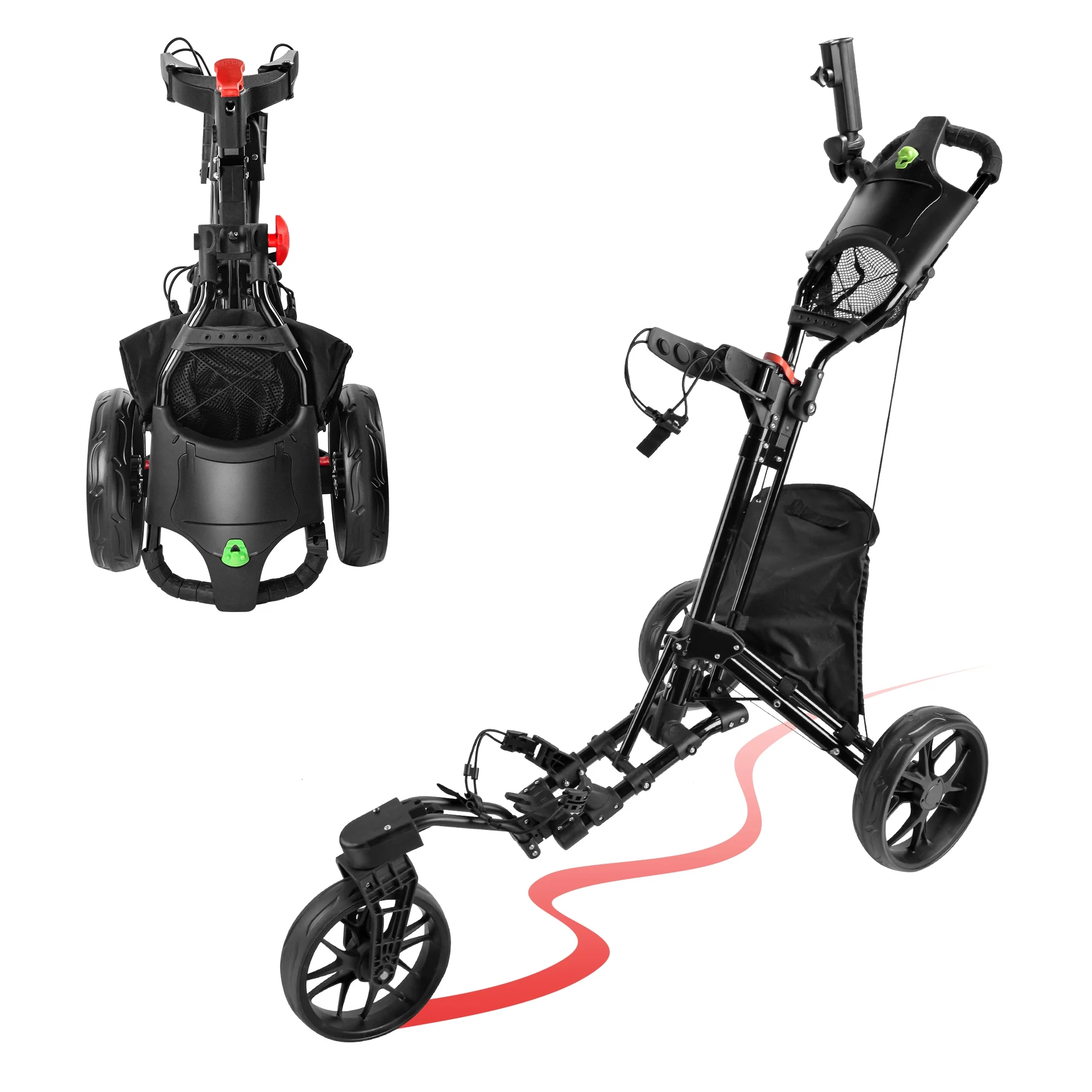 BOBOPRO Universal Wheel Golf Push Cart with Footbrake, Bottle Holder, Umbrella Stand, Cooler Bag,Balck