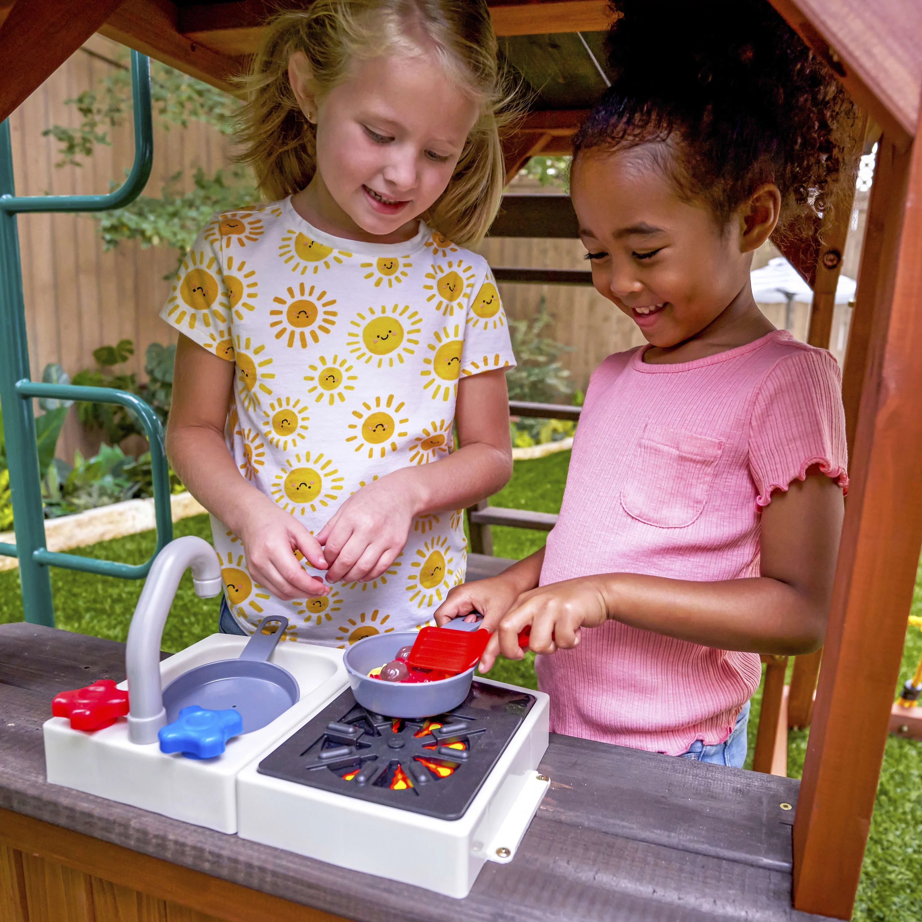 KidKraft Raptor Trail Wooden Outdoor Swing Set with Wavy Slide and Rock Wall, For Ages 3-10