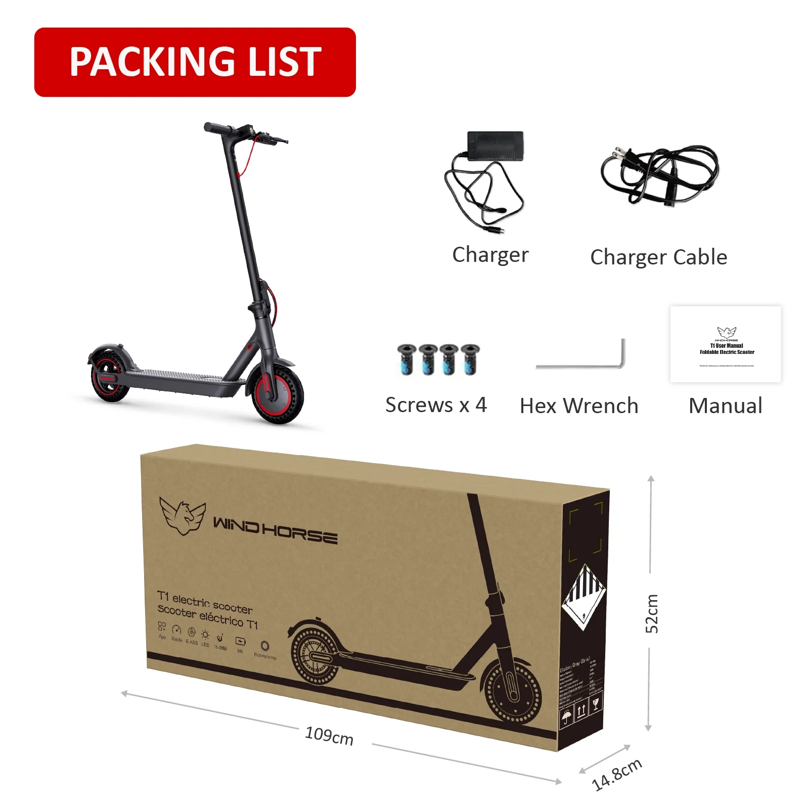 Windhorse 350W Brushless Motor Foldable Electric Kick Scooter - 15 Miles Max Range & 15.5 MPH Top Speed with 8.5