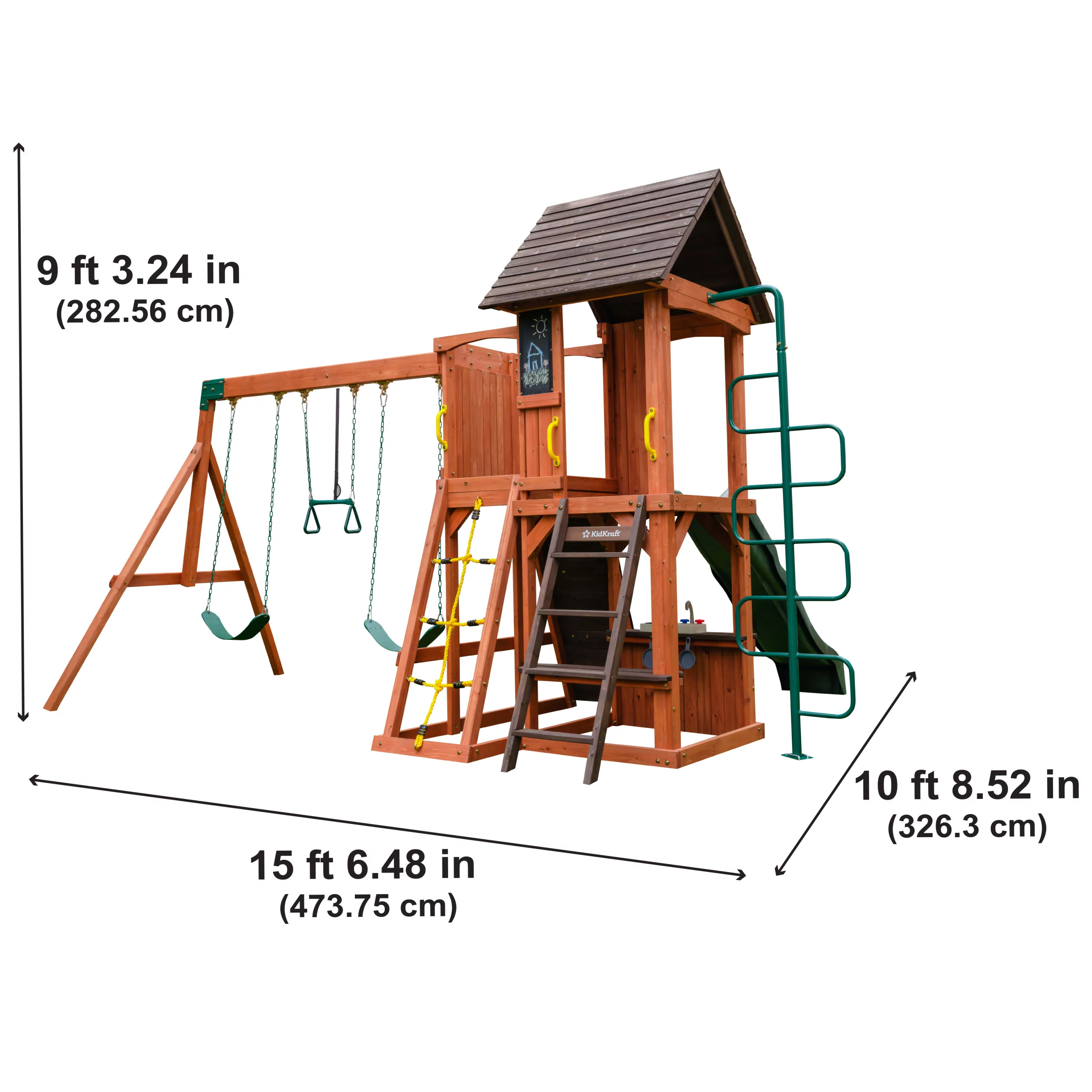 KidKraft Raptor Trail Wooden Outdoor Swing Set with Wavy Slide and Rock Wall, For Ages 3-10