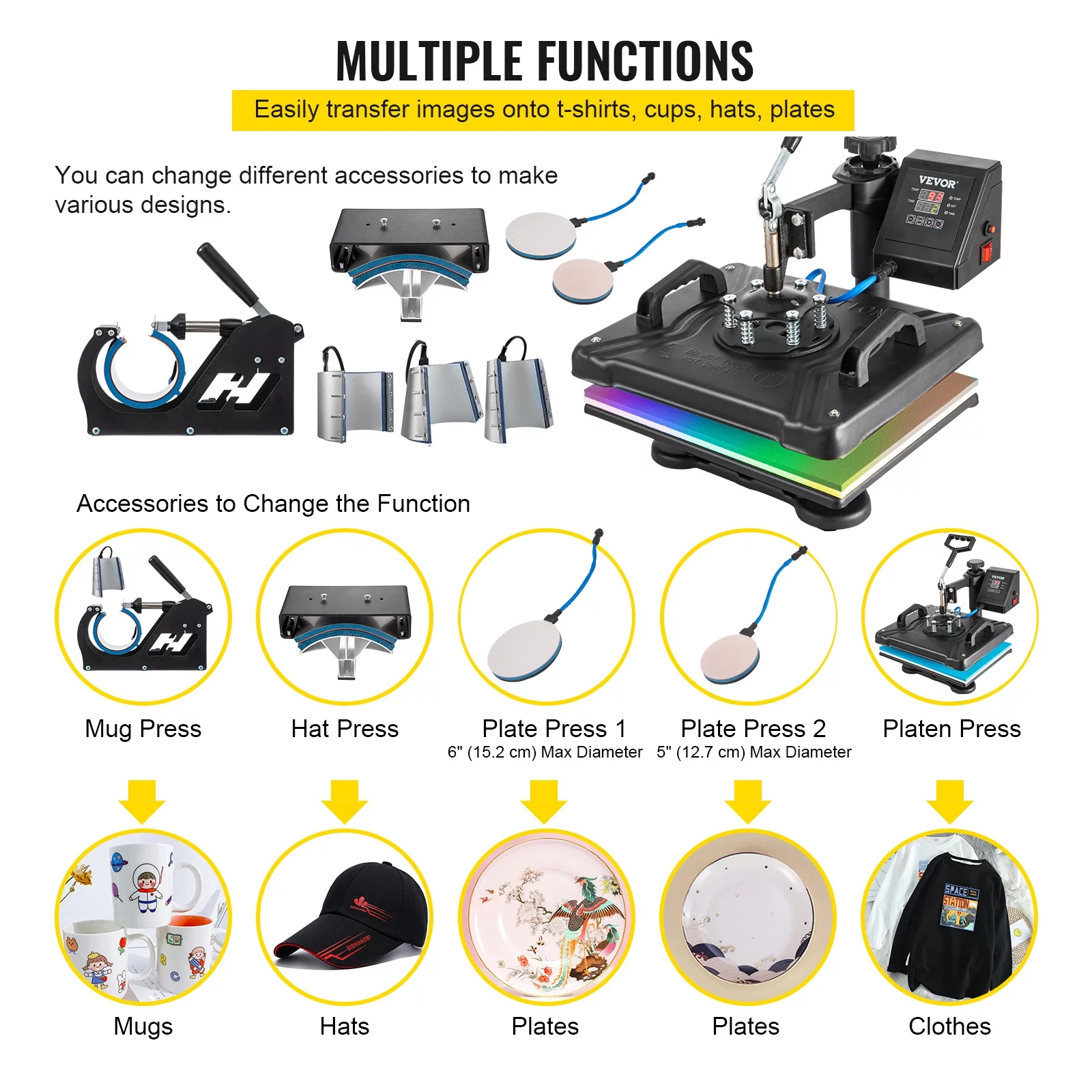 Mophorn Heat Press Machine 12 x 15 inch, 8 in 1 Digital Multifunctional Sublimation Heat Press with Teflon Coated ,360 Degree Rotation Heat Press Machine for T Shirts Hat Mug Cap Plate