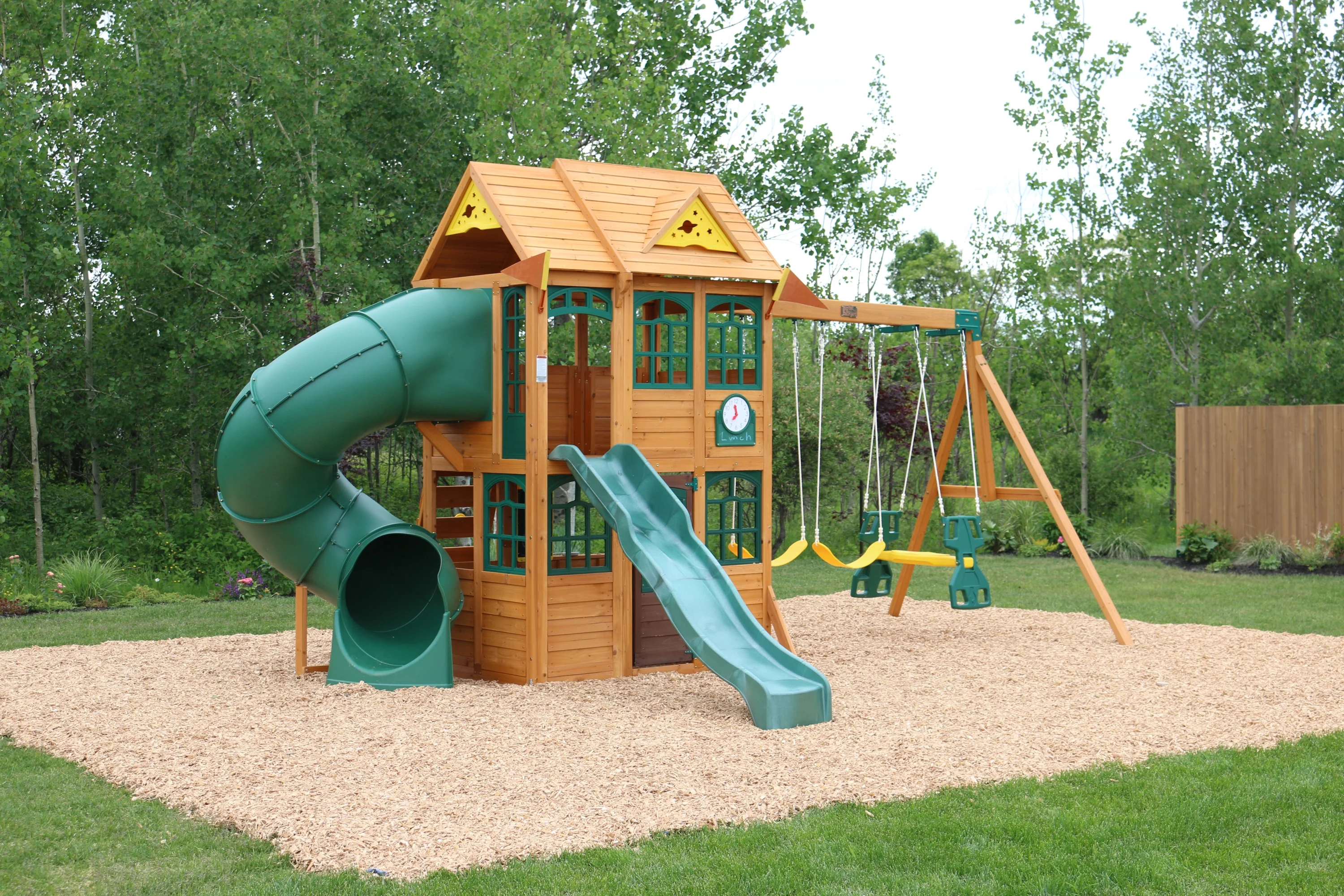 KidKraft Charleston Lodge Wooden Outdoor Swing Set / Playset with Slides, Swings, Kitchen and Bench