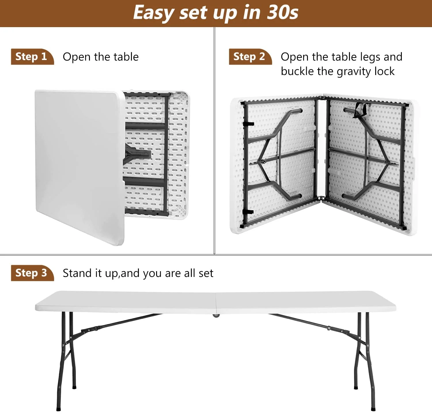 8ft Folding Table Portable Picnic Table, Lightweigh Folding Plastic Table with Handle and Steel Legs Utility Table Dining Lock for Work,Picnic,Party,Camping,White