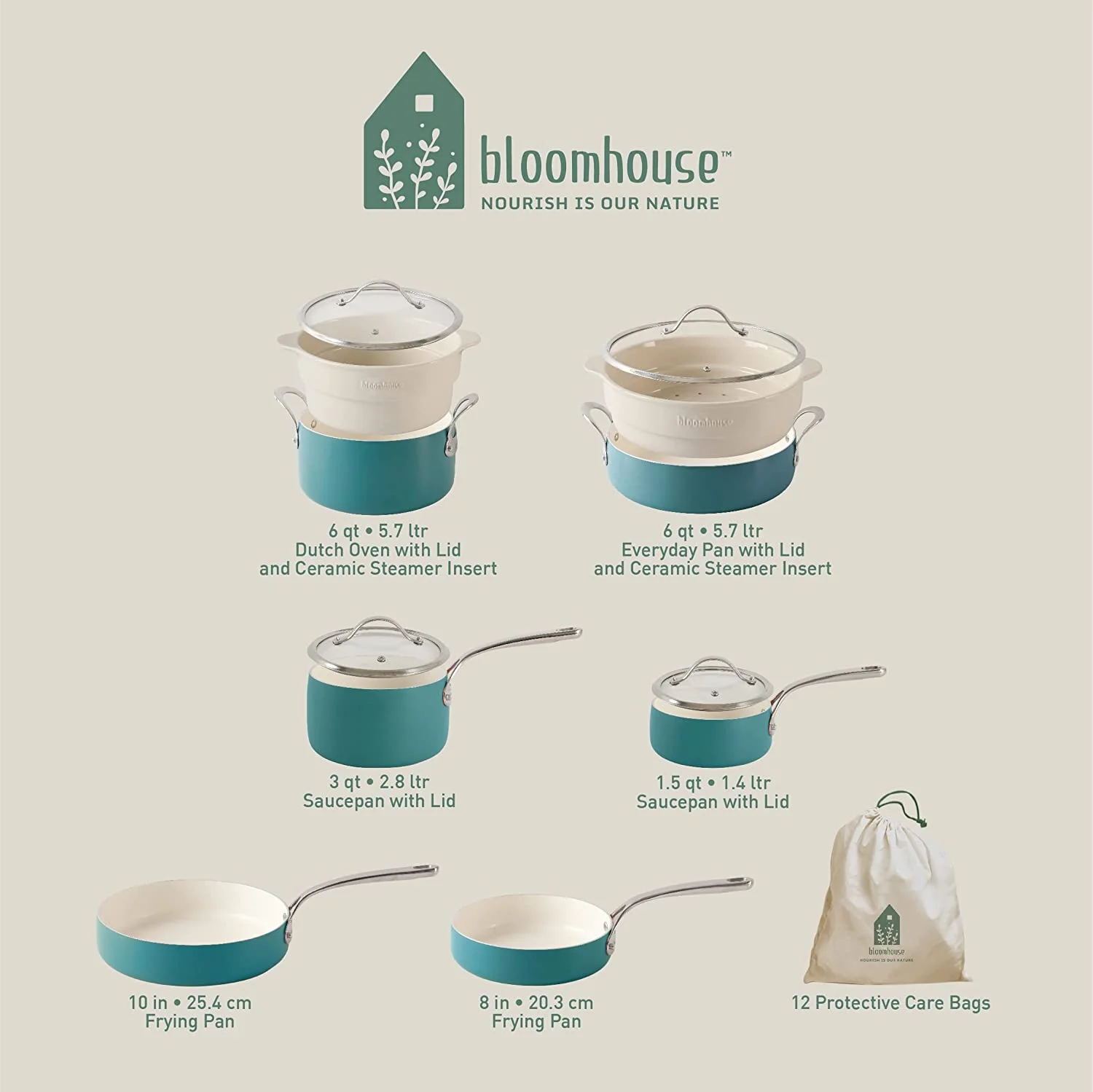 - Oprah's Favorite Things - 12 Piece Aluminum Enamel Cookware Set w/ Non-stick Non-toxic Ceramic Interior  Ceramic Steamer Insert  & 12 Protective Care Bags - Agave Blue