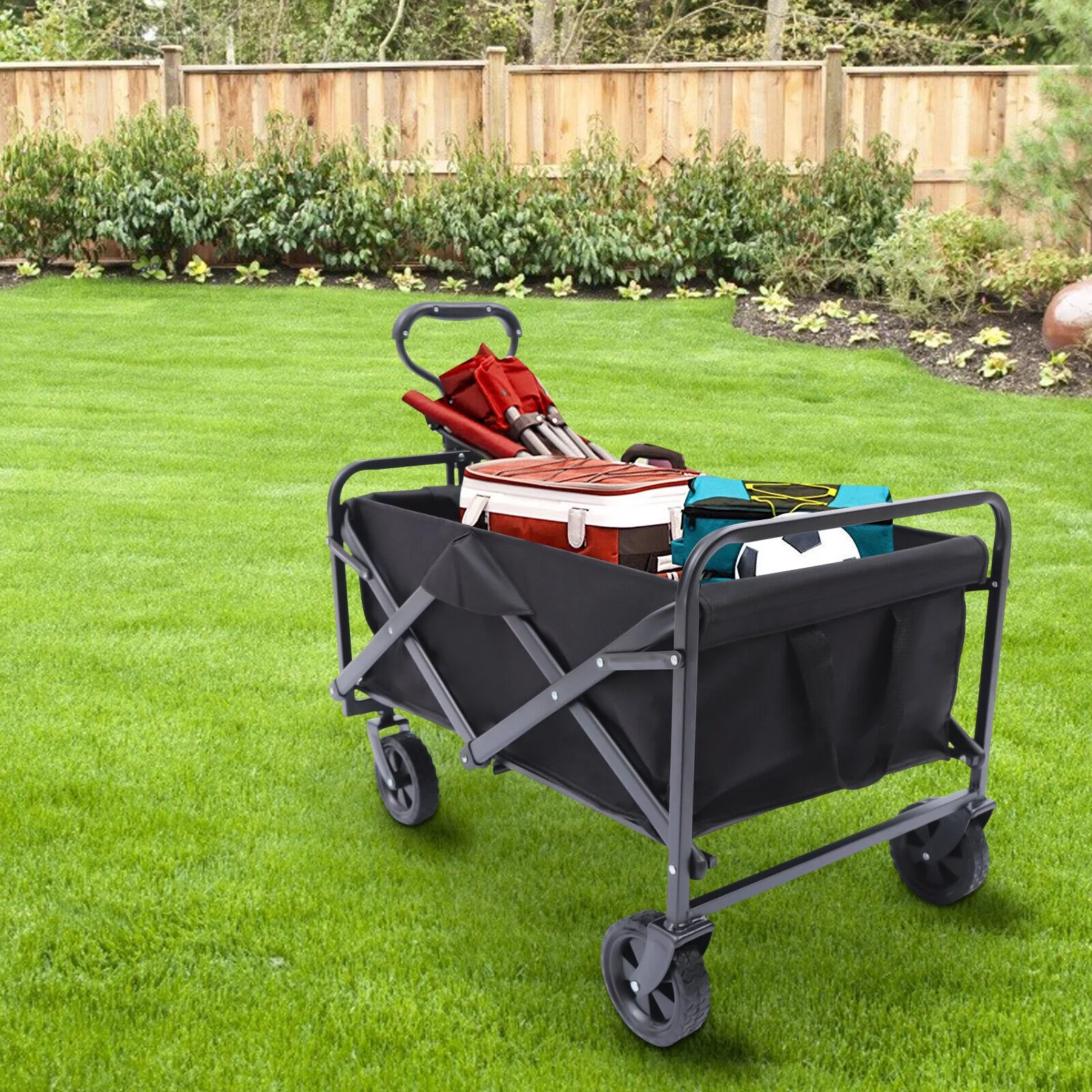 Outdoor Beach Foldable Wagon Cart - Heavy Duty Collapsible Utility Cart w/Wheels for Garden,Black