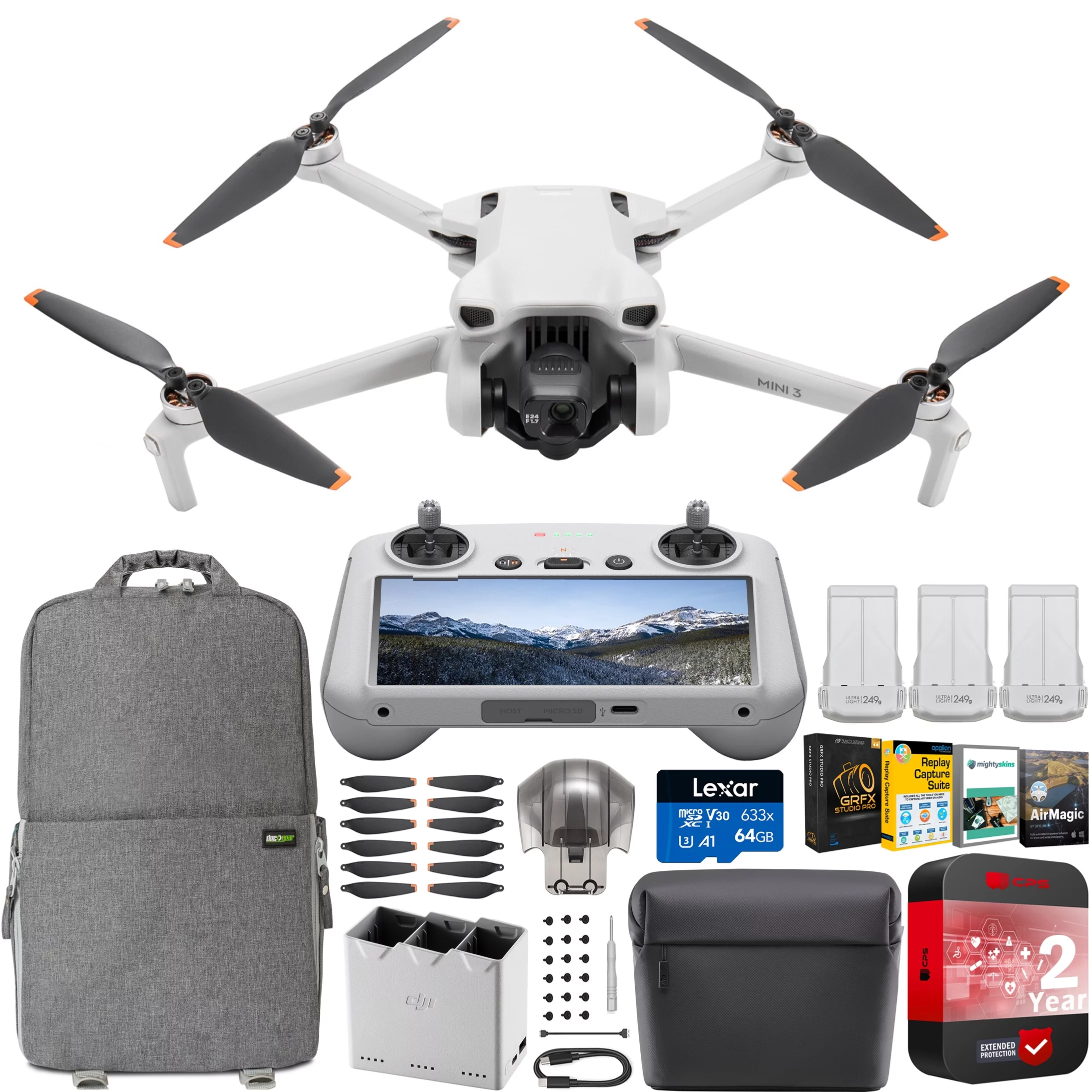 DJI Mini 3 Camera Drone Quadcopter + RC-N1 Controller (No Screen) + Fly More Kit, 4K Video, 38min Flight Time, True Vertical Shooting, Intelligent Modes Bundle w/ Deco Gear Backpack +Accessories