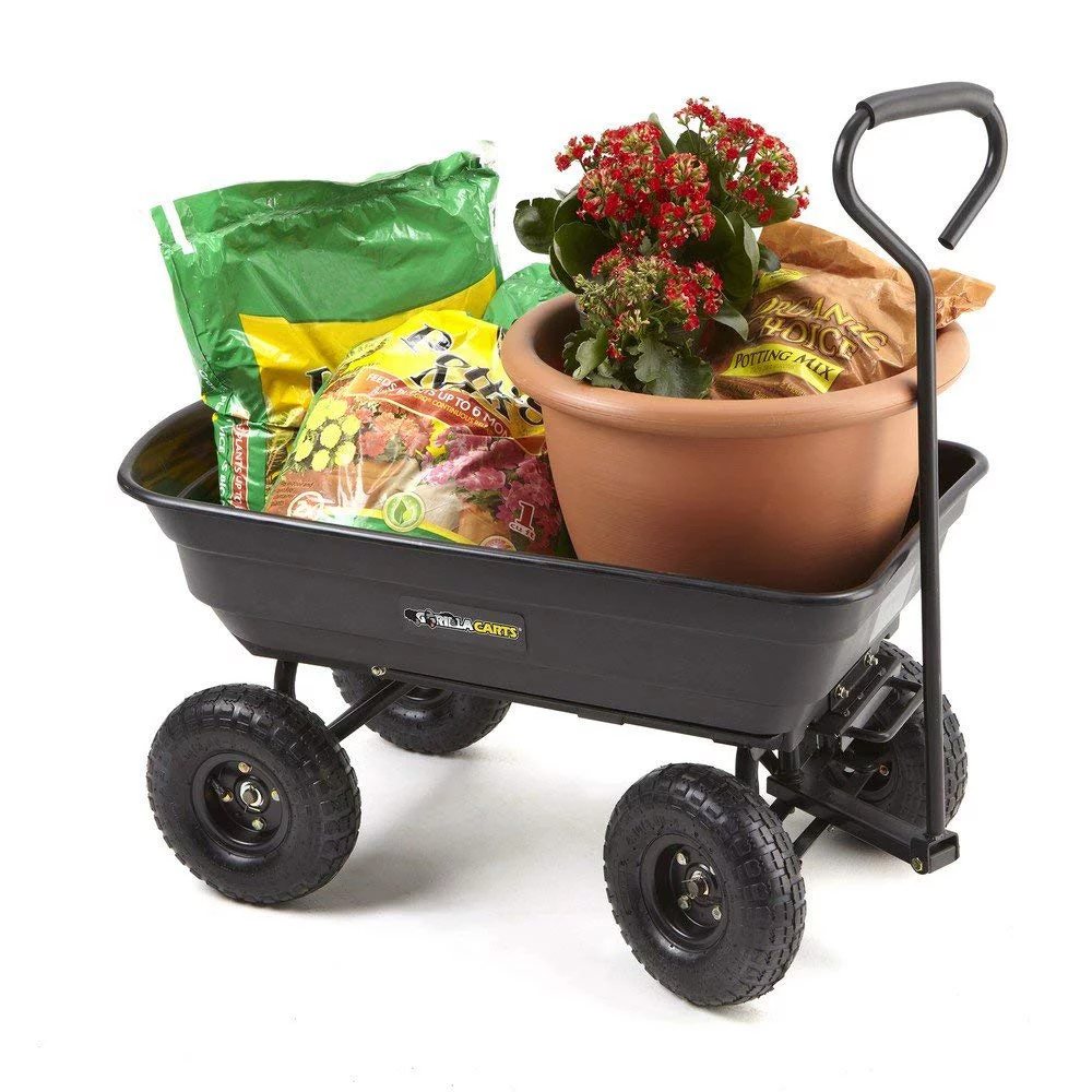 Gorilla Carts GOR200B Poly Garden Dump Cart with Steel Frame and 10-Inch Pneumatic Tires, 600-Pound Capacity, 36-Inch by 20-Inch Bed, Black Finish