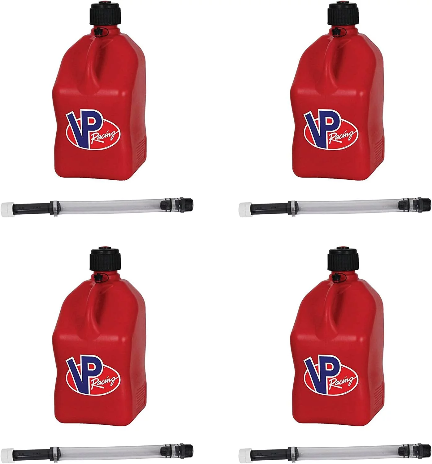 VP Racing Fuels 5.5 Gallon Square Motorsport Racing Fuel Utility Container Jugs with Dual Deluxe 14 Inch Filler Hoses, Red 4 Pack