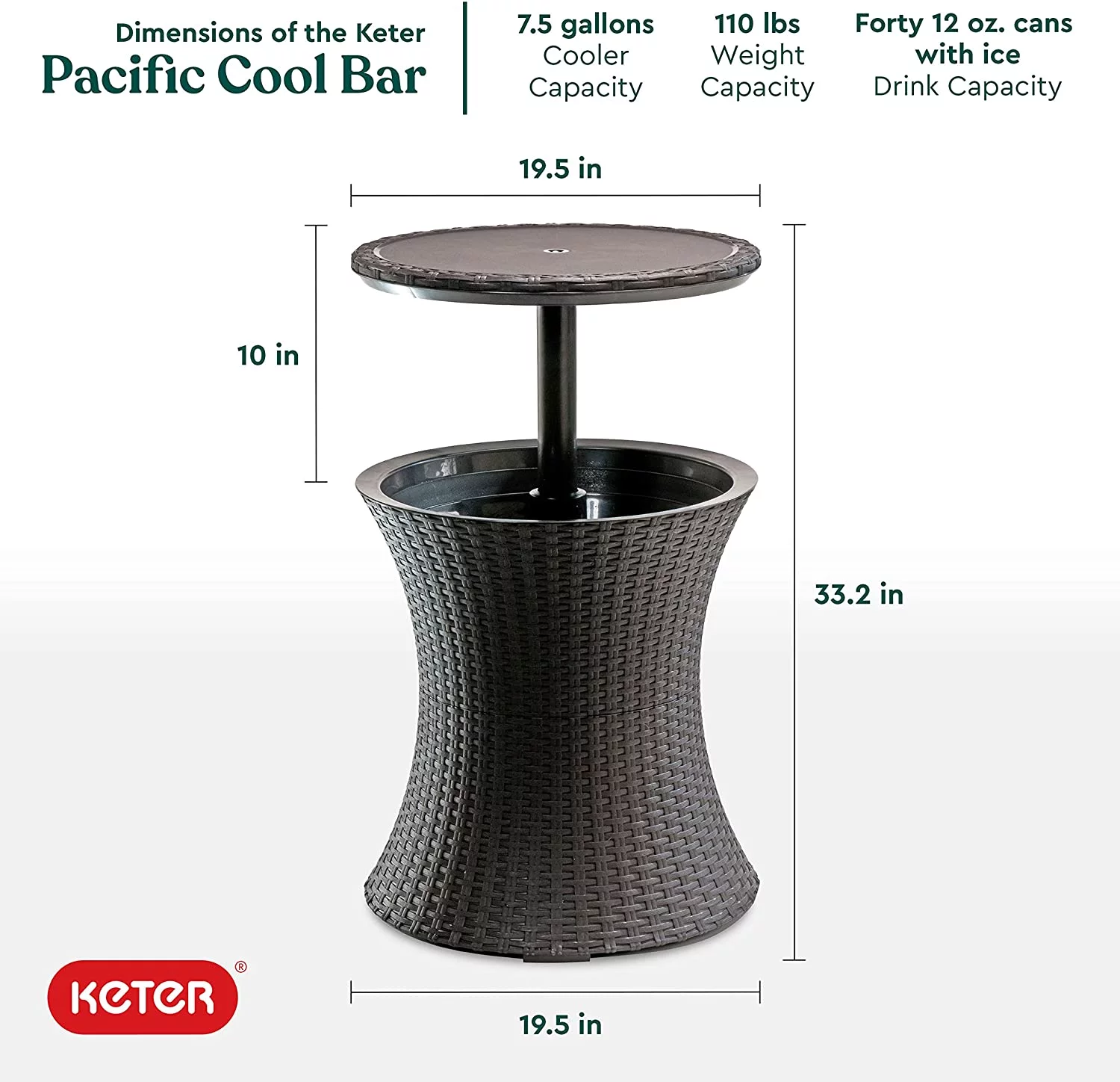 Keter Pacific Cool Bar Outdoor Patio Furniture and Hot Tub Side Table with 7.5 Gallon Beer and Wine Cooler  Espresso Brown