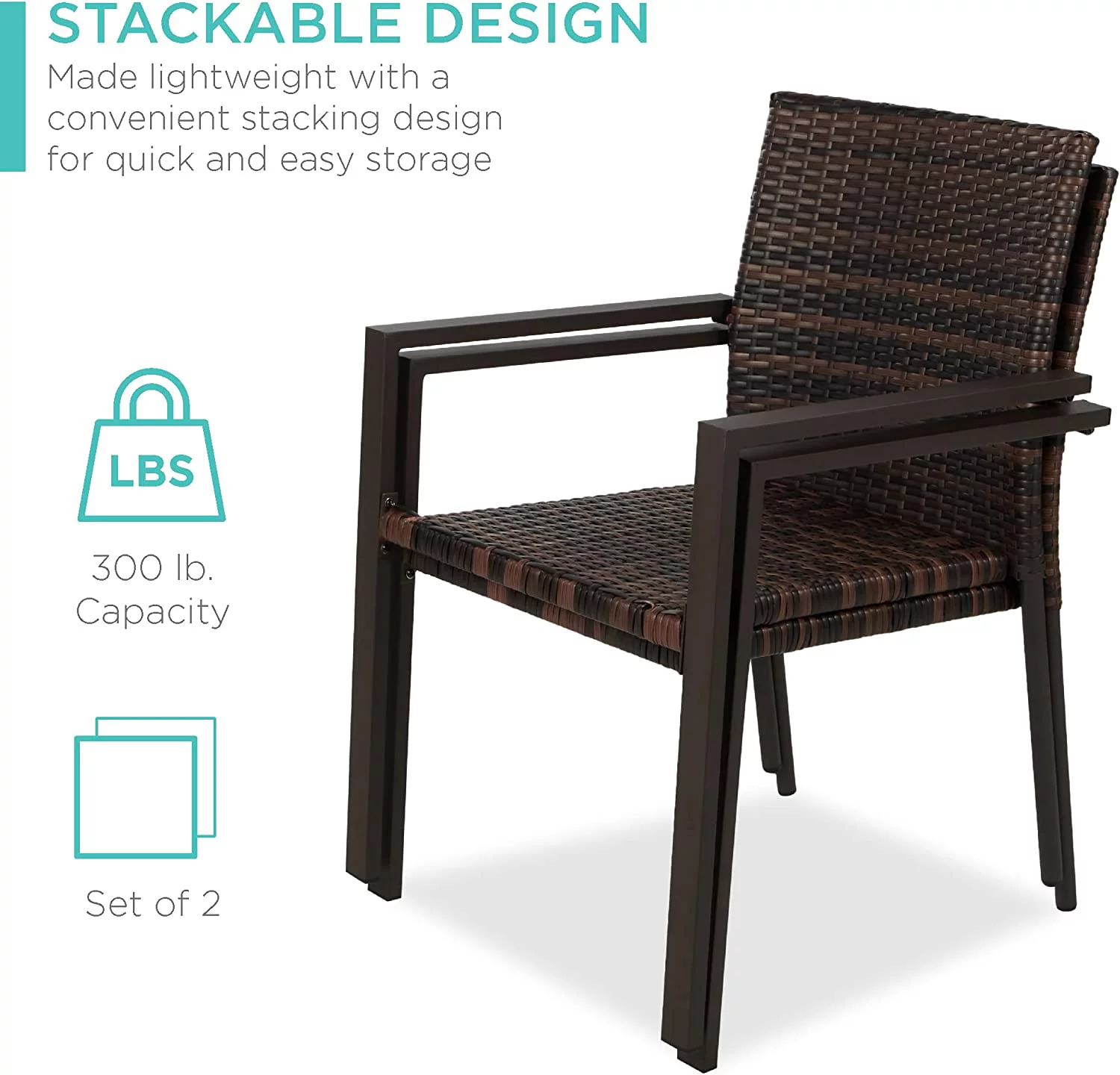 Set of 2 Stackable Outdoor Wicker Dining Chairs All-Weather Firepit Armchair w/Armrests, Steel Frame for Patio, Deck, Garden, Yard - Brown